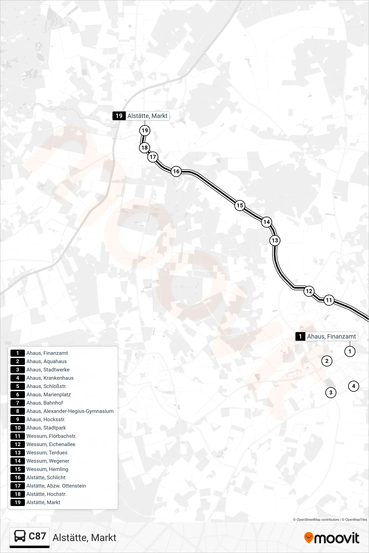 C87 bus Line (Alstätte, Markt) route and stops on a map
