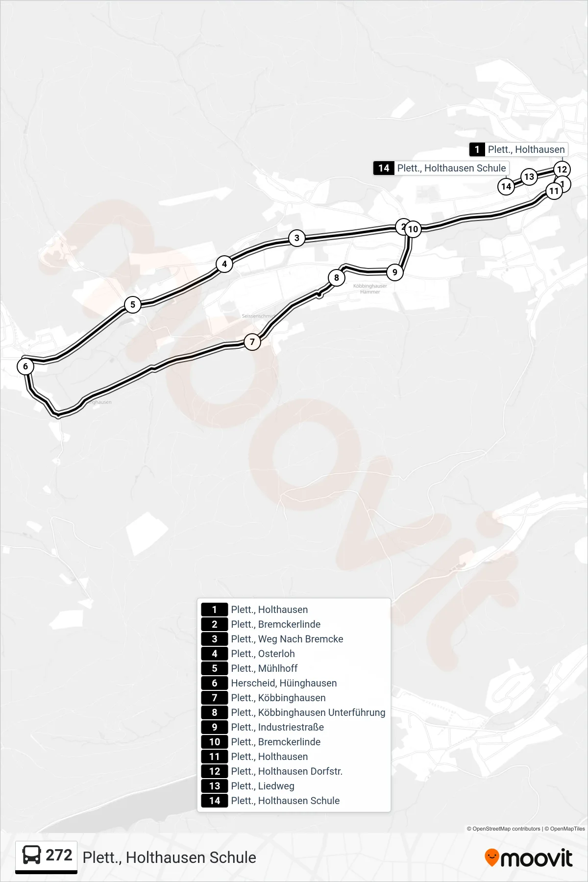 272 bus Line (Plett., Holthausen Schule) route and stops on a map