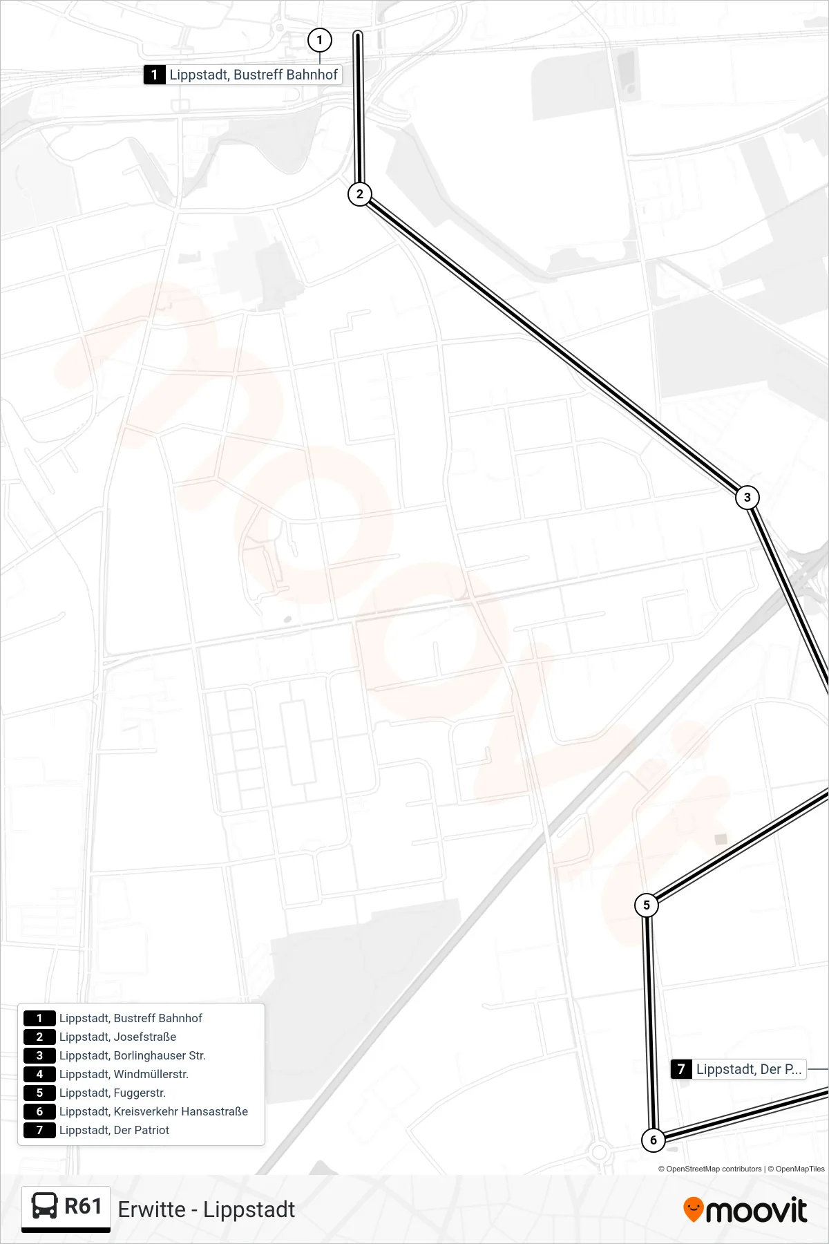 R61 bus Line (Lippstadt, Der Patriot) route and stops on a map