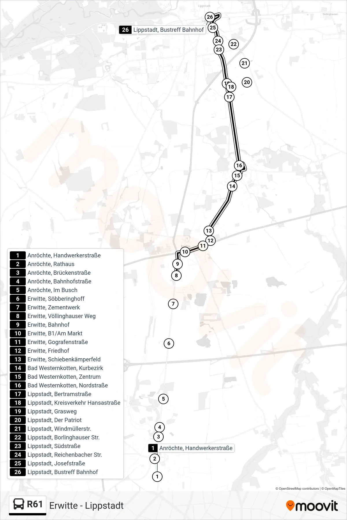 R61 bus Line (Lippstadt, Bustreff Bahnhof E) route and stops on a map