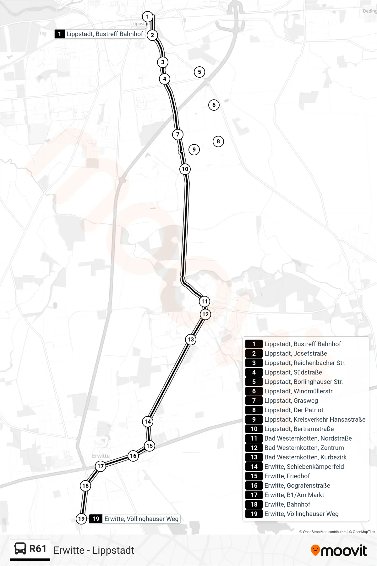 R61 bus Line (Erwitte, Völlinghauser Weg) route and stops on a map