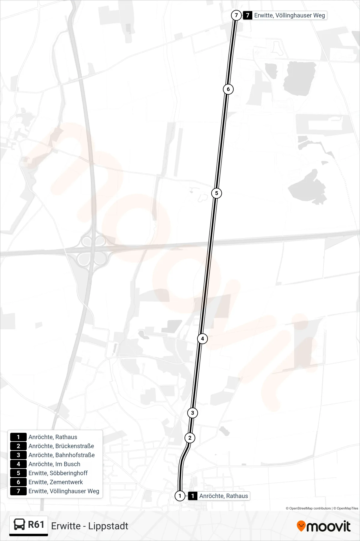 R61 bus Line (Erwitte, Völlinghauser Weg) route and stops on a map