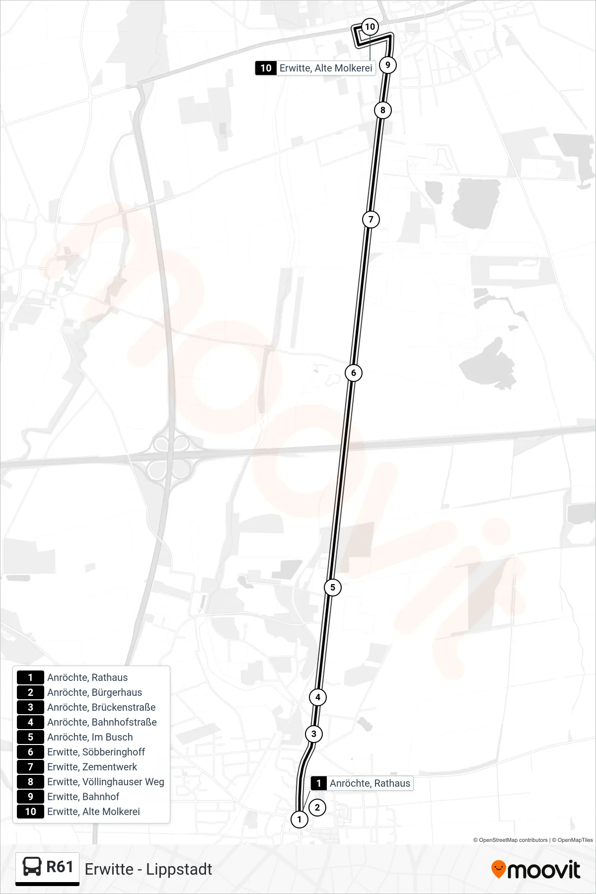 R61 bus Line (Erwitte, Alte Molkerei) route and stops on a map