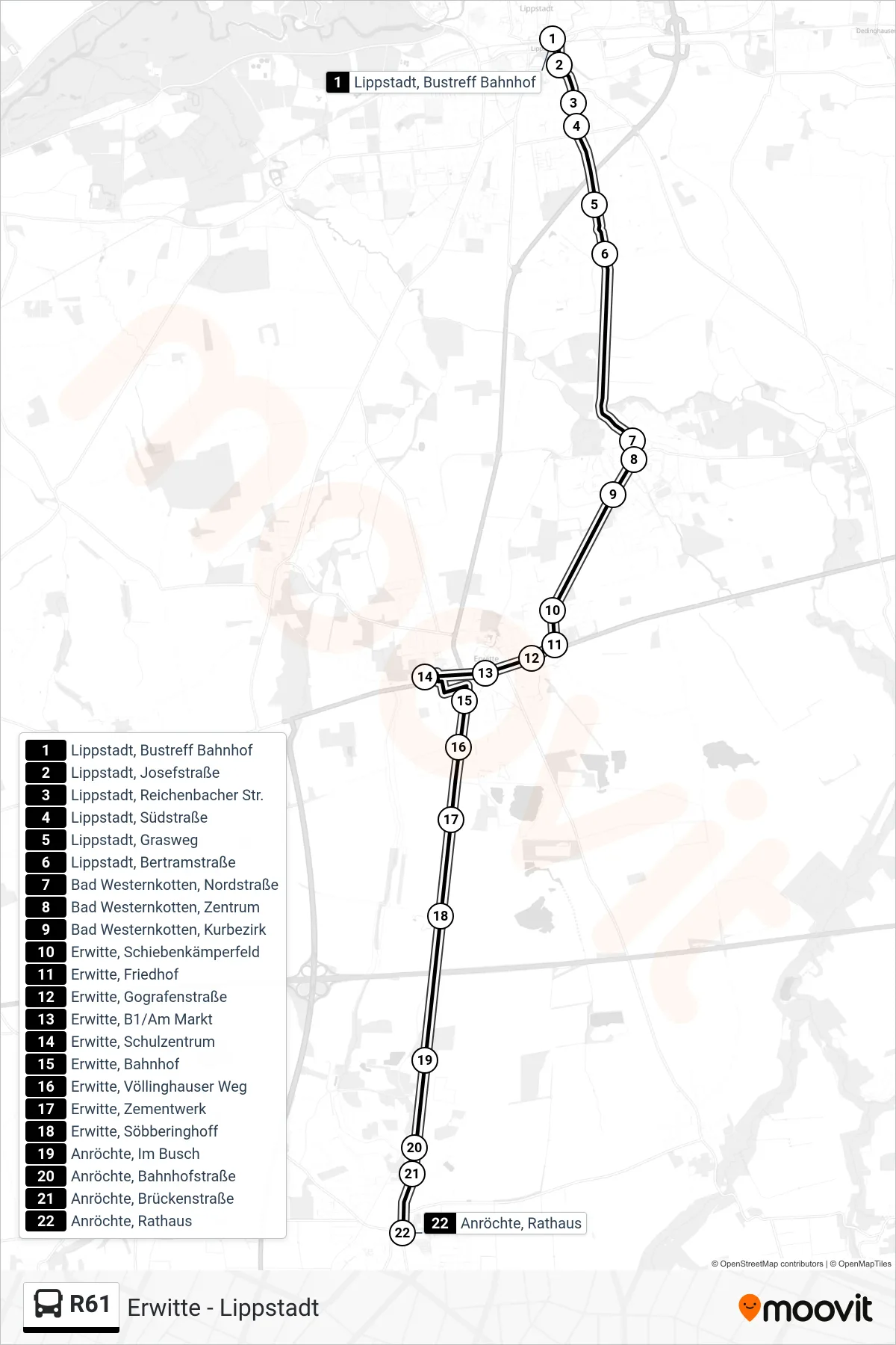 Linie R61 (Bus) Richtung Anröchte, Rathaus: Route und Haltestellen auf der Karte