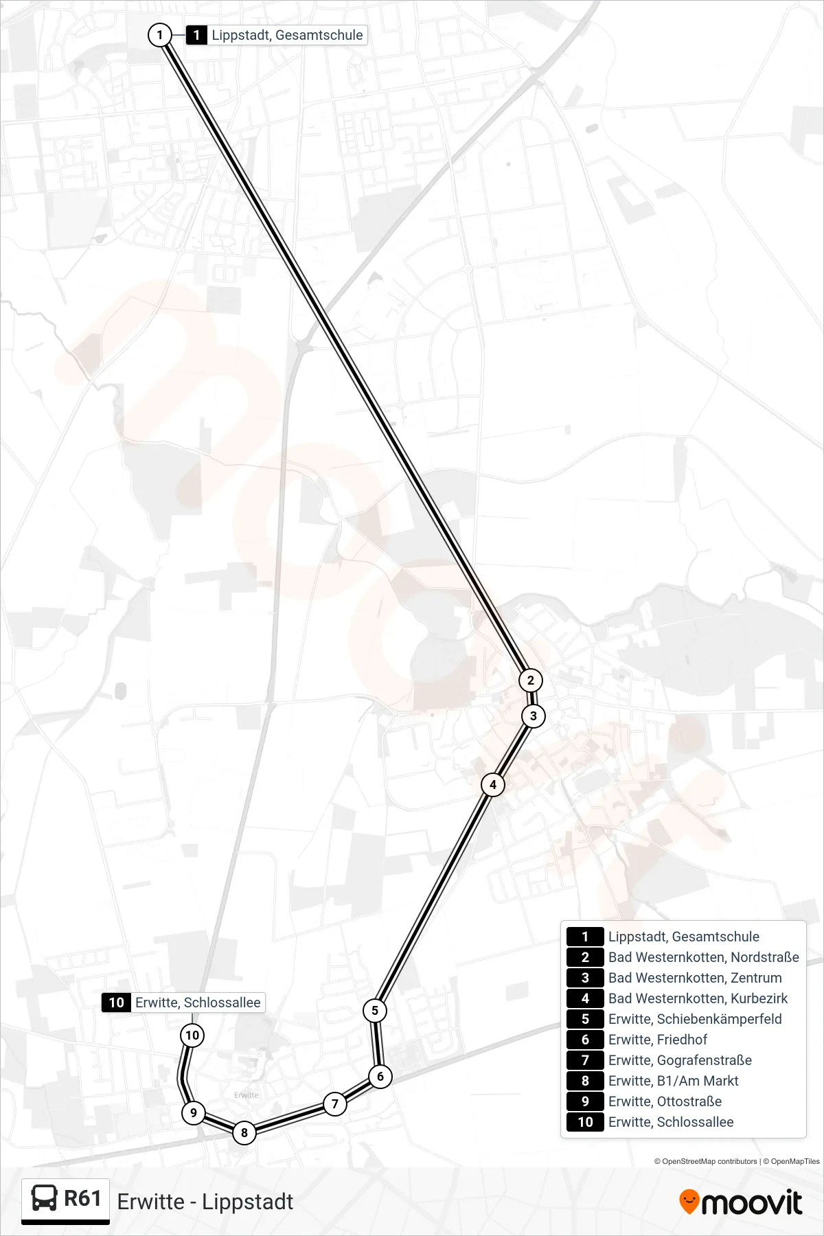 R61 bus Line (Erwitte, Schlossallee) route and stops on a map
