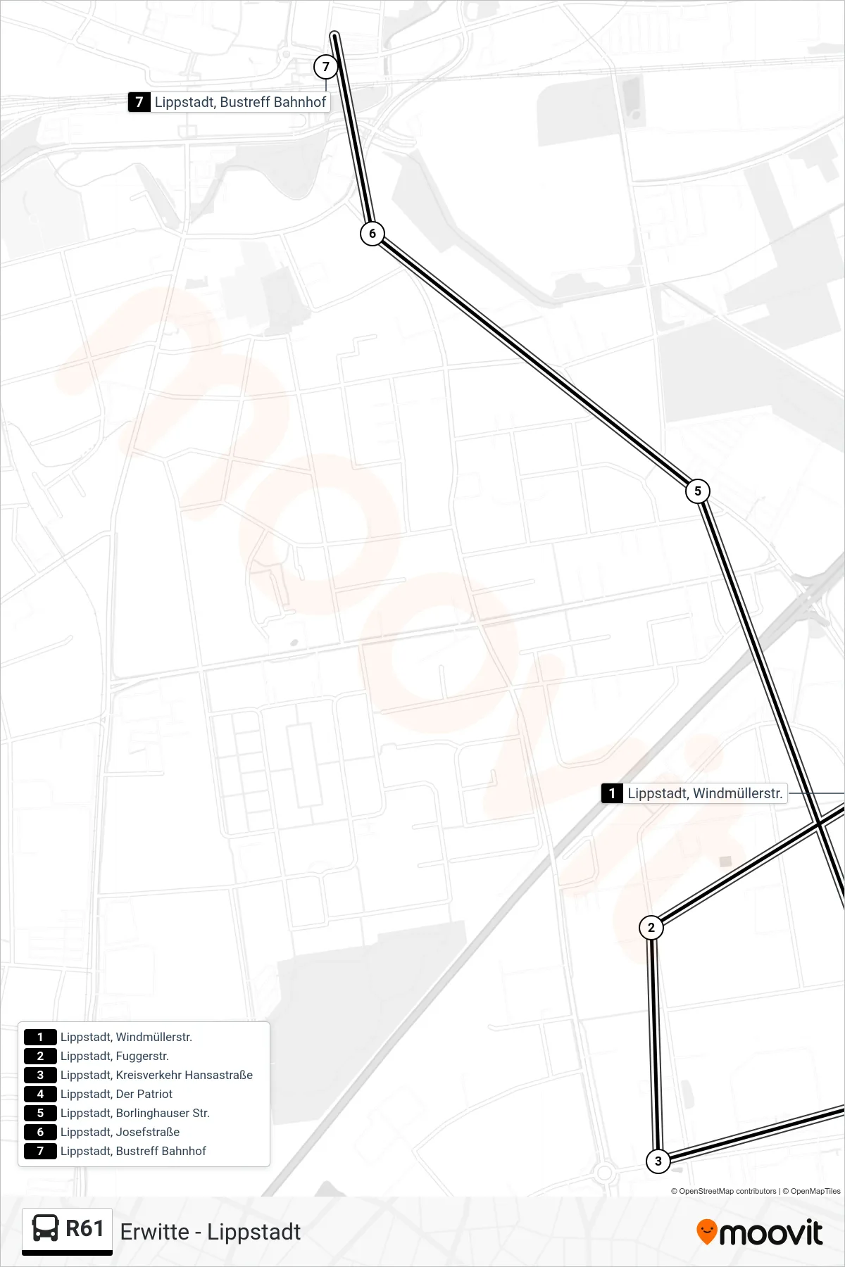 R61 bus Line (Lippstadt, Bustreff Bahnhof B) route and stops on a map