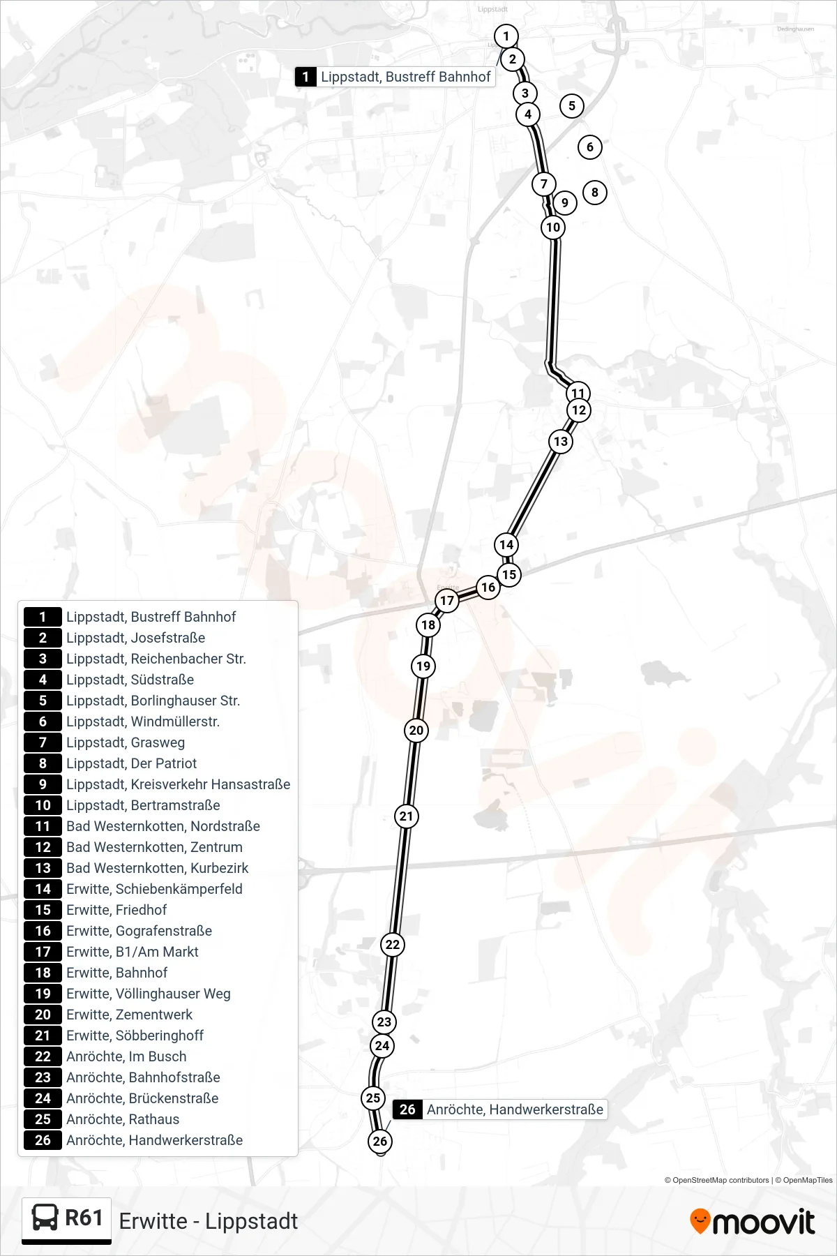 R61 bus Line (Anröchte, Handwerkerstraße) route and stops on a map