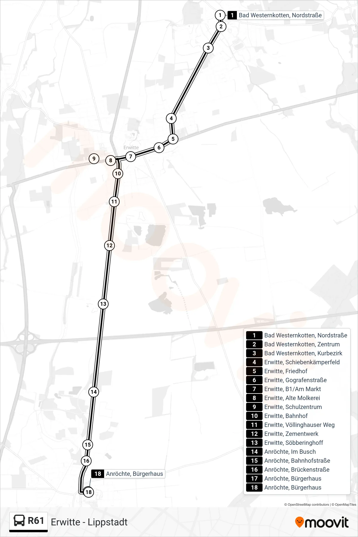 R61 bus Line (Anröchte, Bürgerhaus) route and stops on a map
