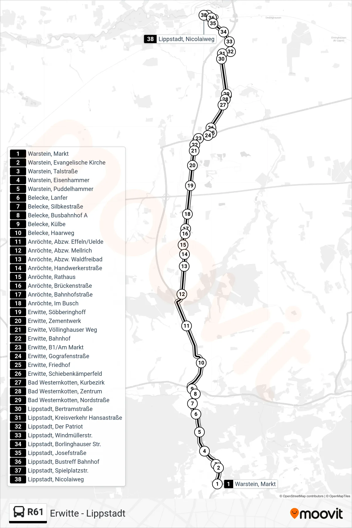 R61 bus Line (Lippstadt, Nicolaiweg) route and stops on a map