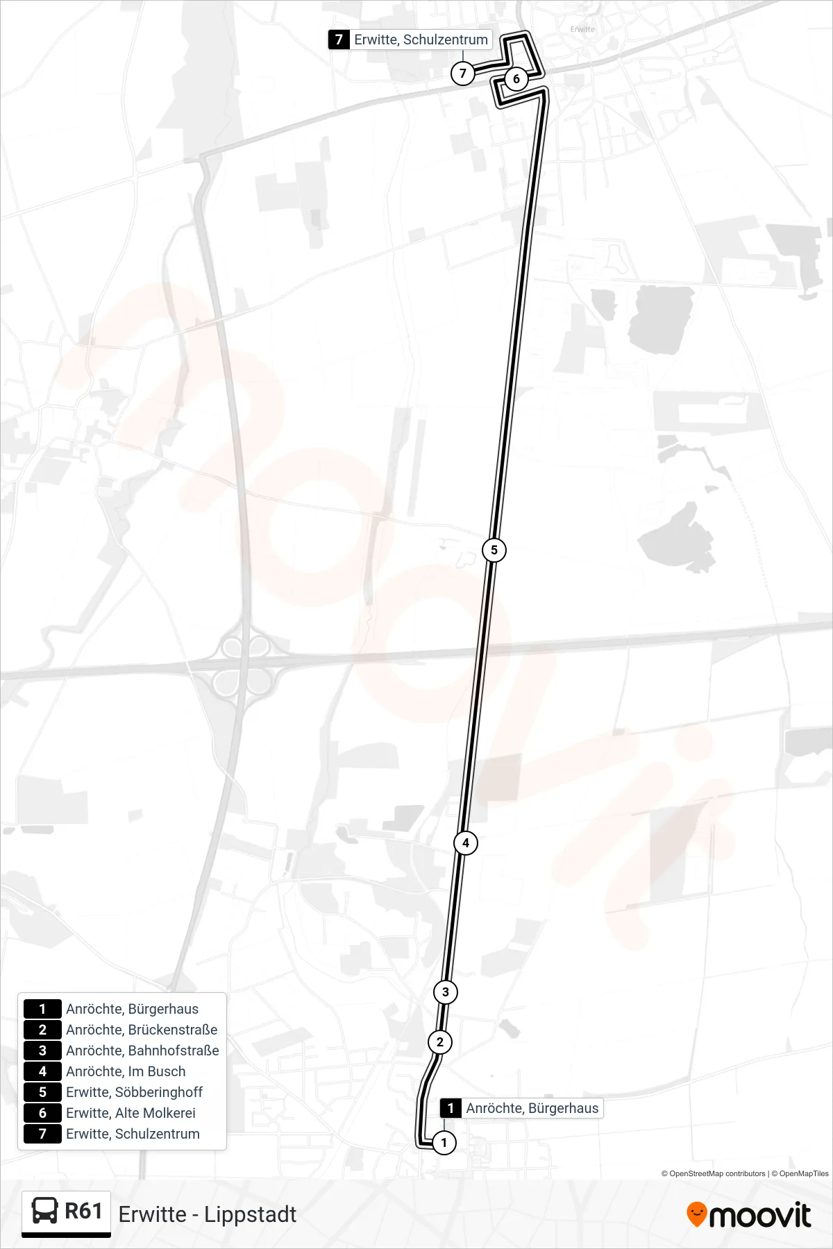 R61 bus Line (Erwitte, Schulzentrum) route and stops on a map