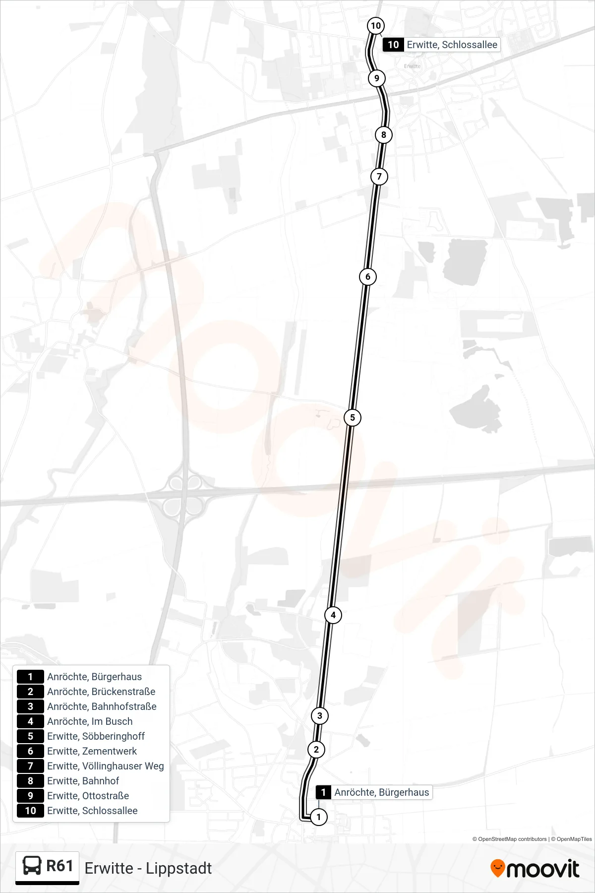R61 bus Line (Erwitte, Schlossallee) route and stops on a map