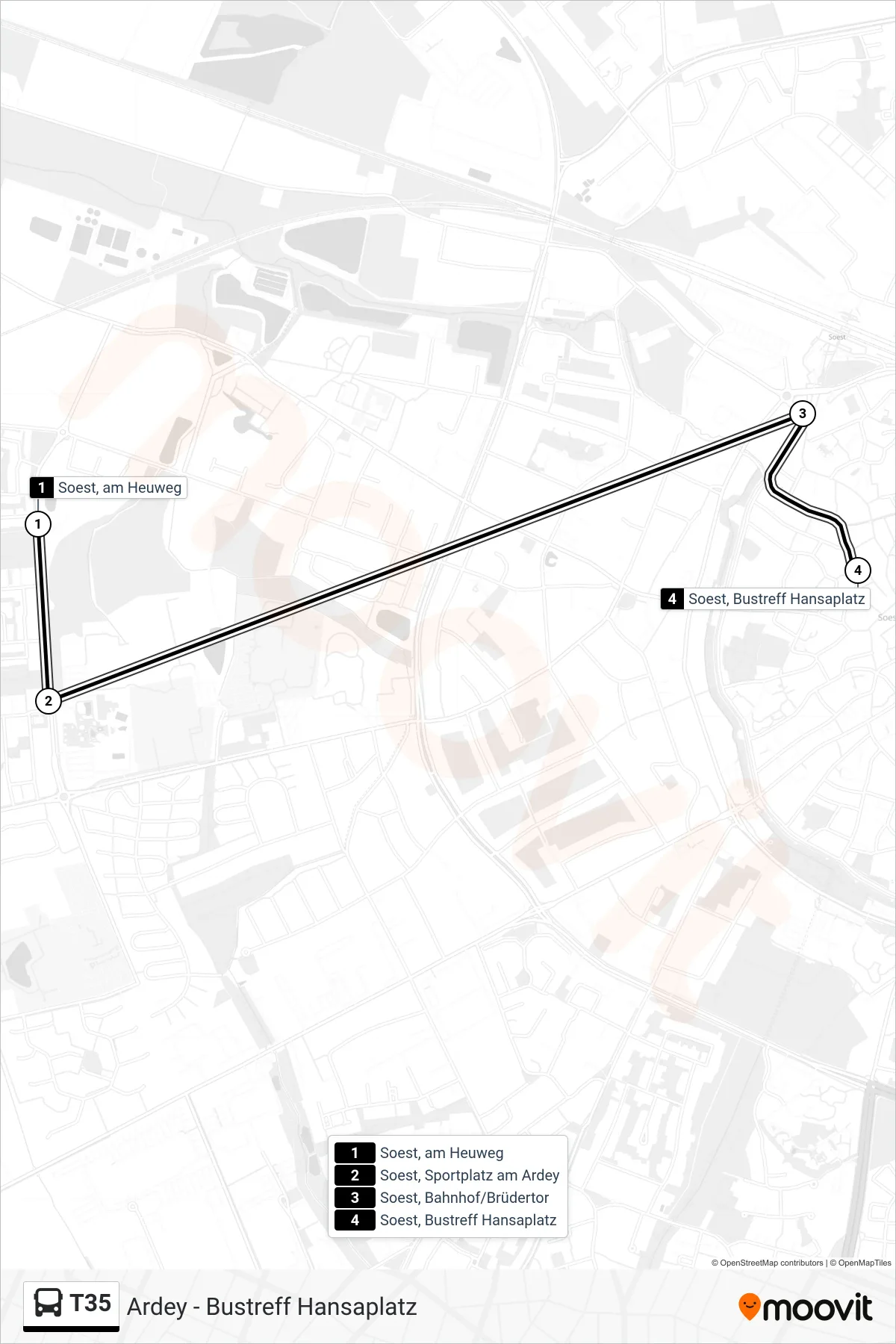 Linie T35 (Bus) Richtung Soest, Bustreff Hansaplatz B: Route und Haltestellen auf der Karte