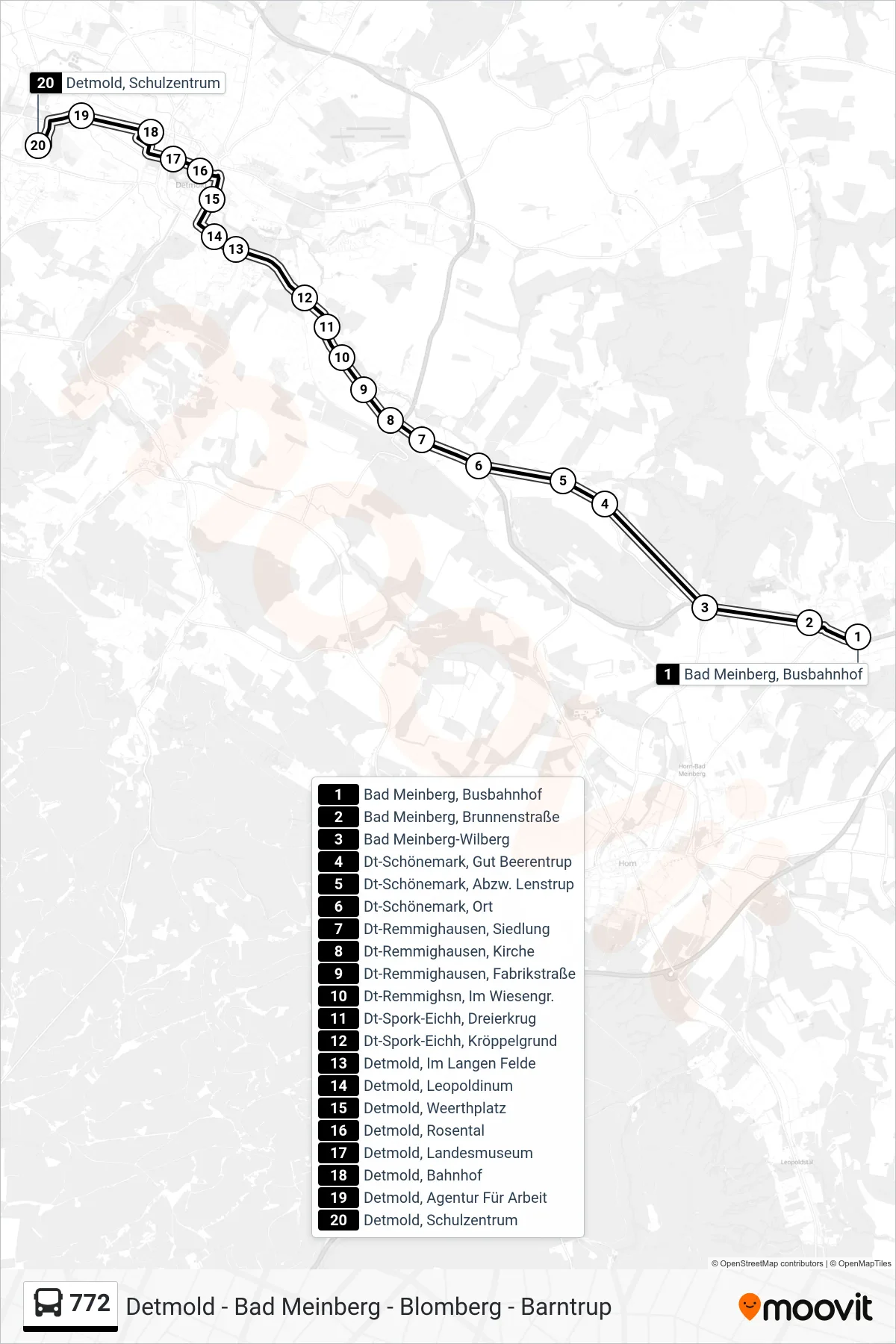 772 bus Line (Detmold) route and stops on a map
