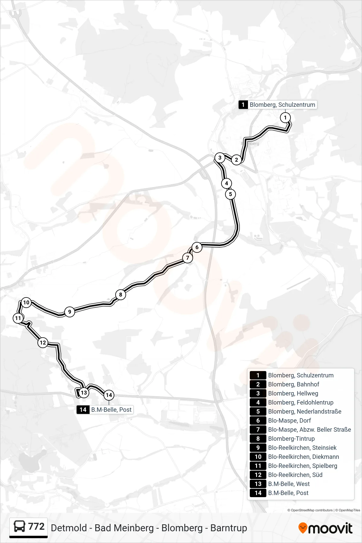 772 bus Line (Belle) route and stops on a map