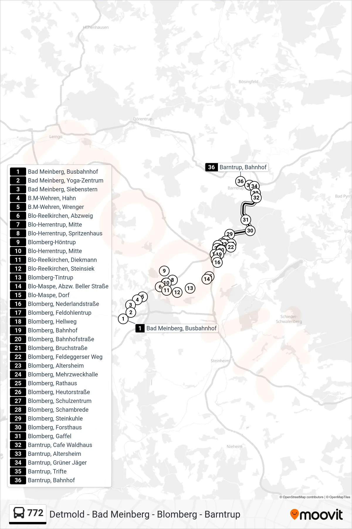 772 bus Line (Barntrup) route and stops on a map