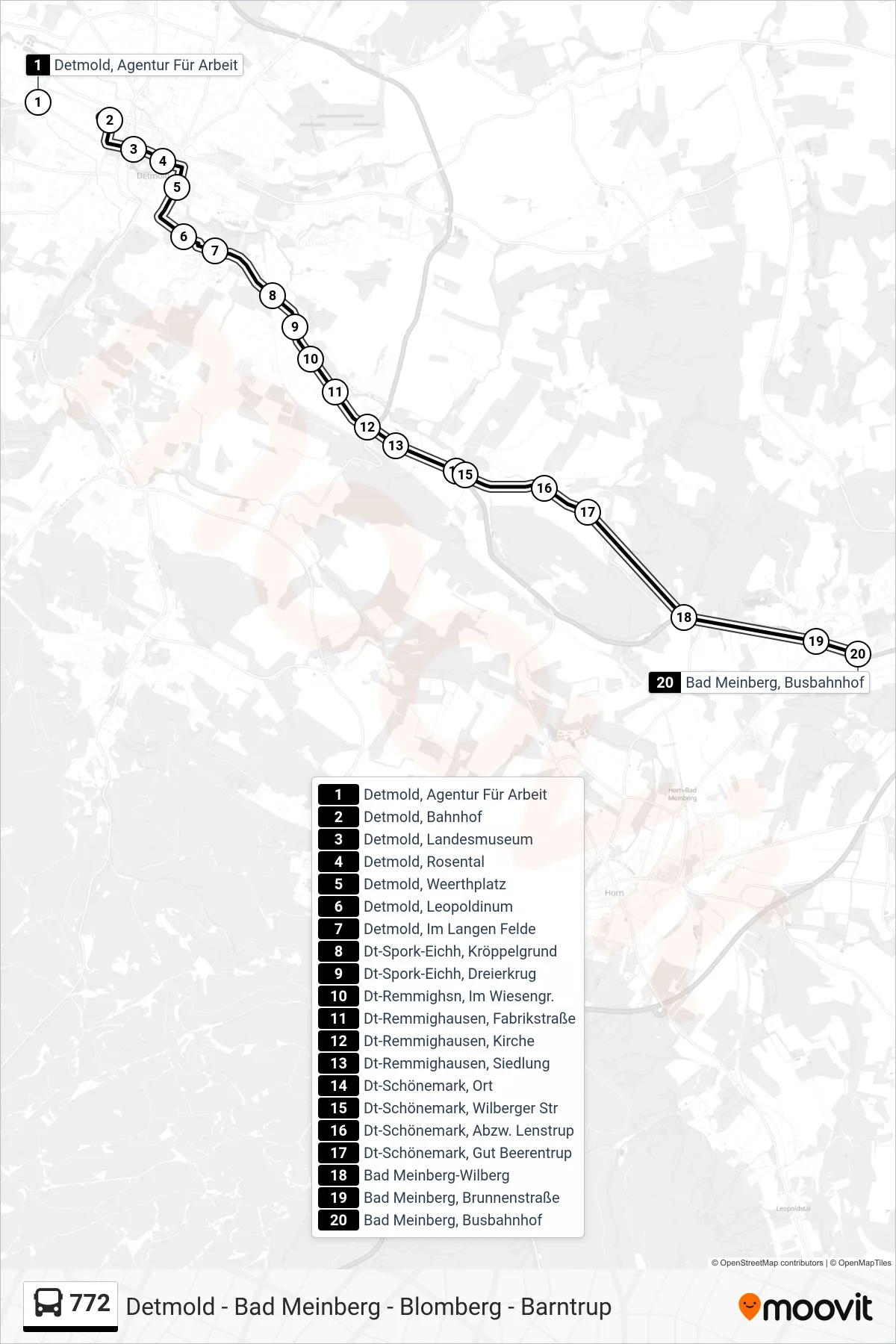 772 bus Line (Bad Meinberg, Busbahnhof) route and stops on a map