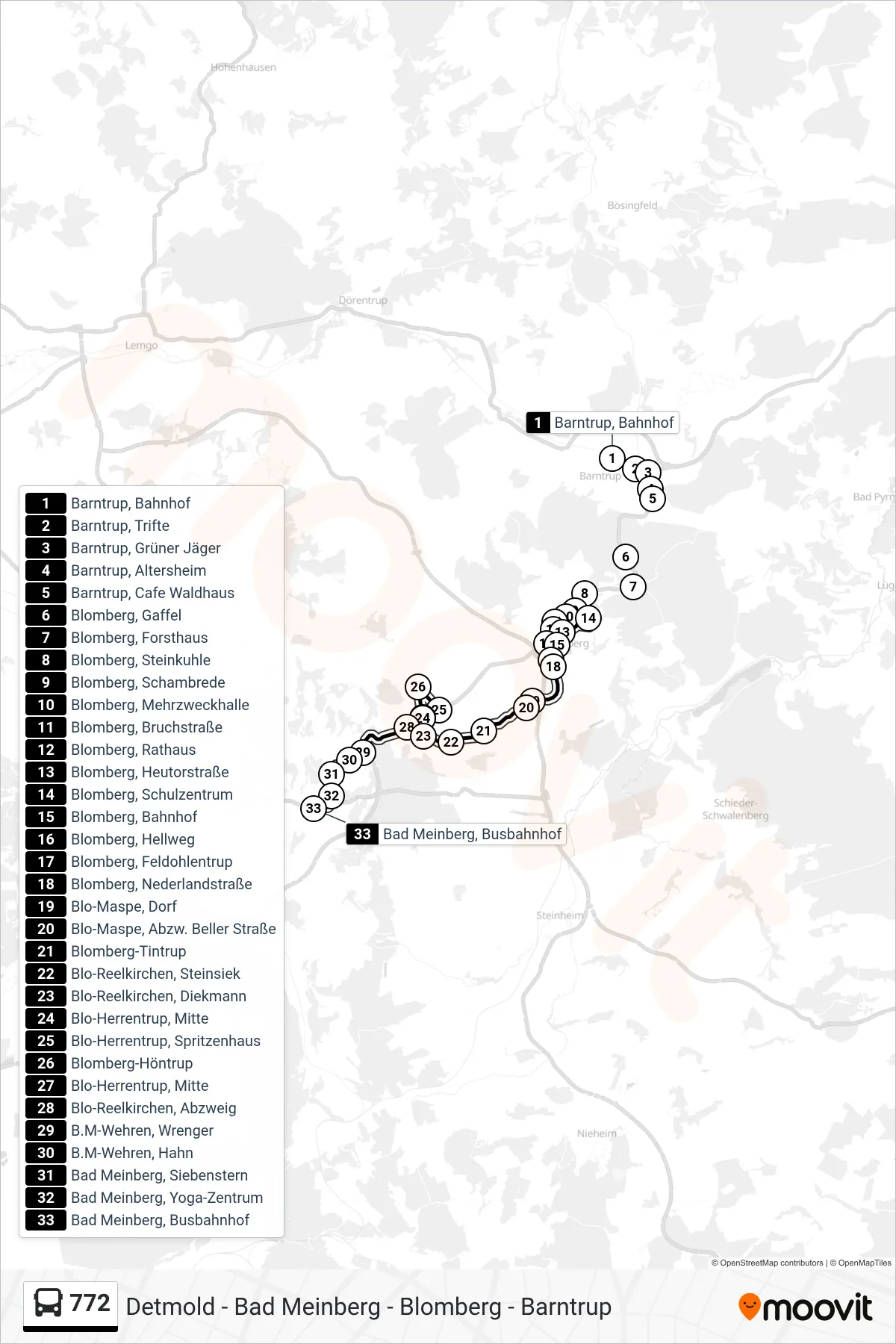 772 bus Line (Bad Meinberg, Busbahnhof) route and stops on a map