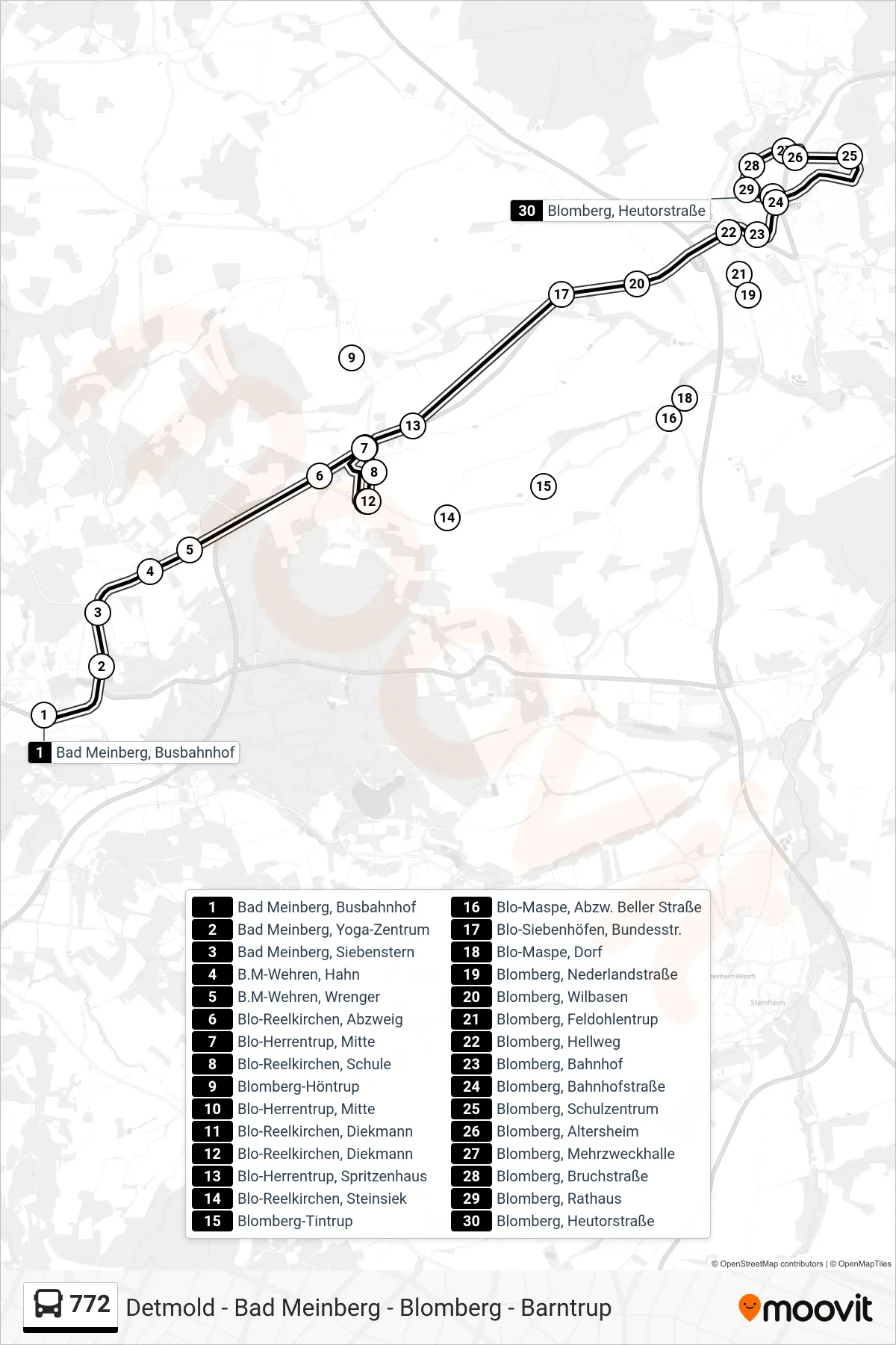 772 bus Line (Blomberg, Heutorstraße) route and stops on a map