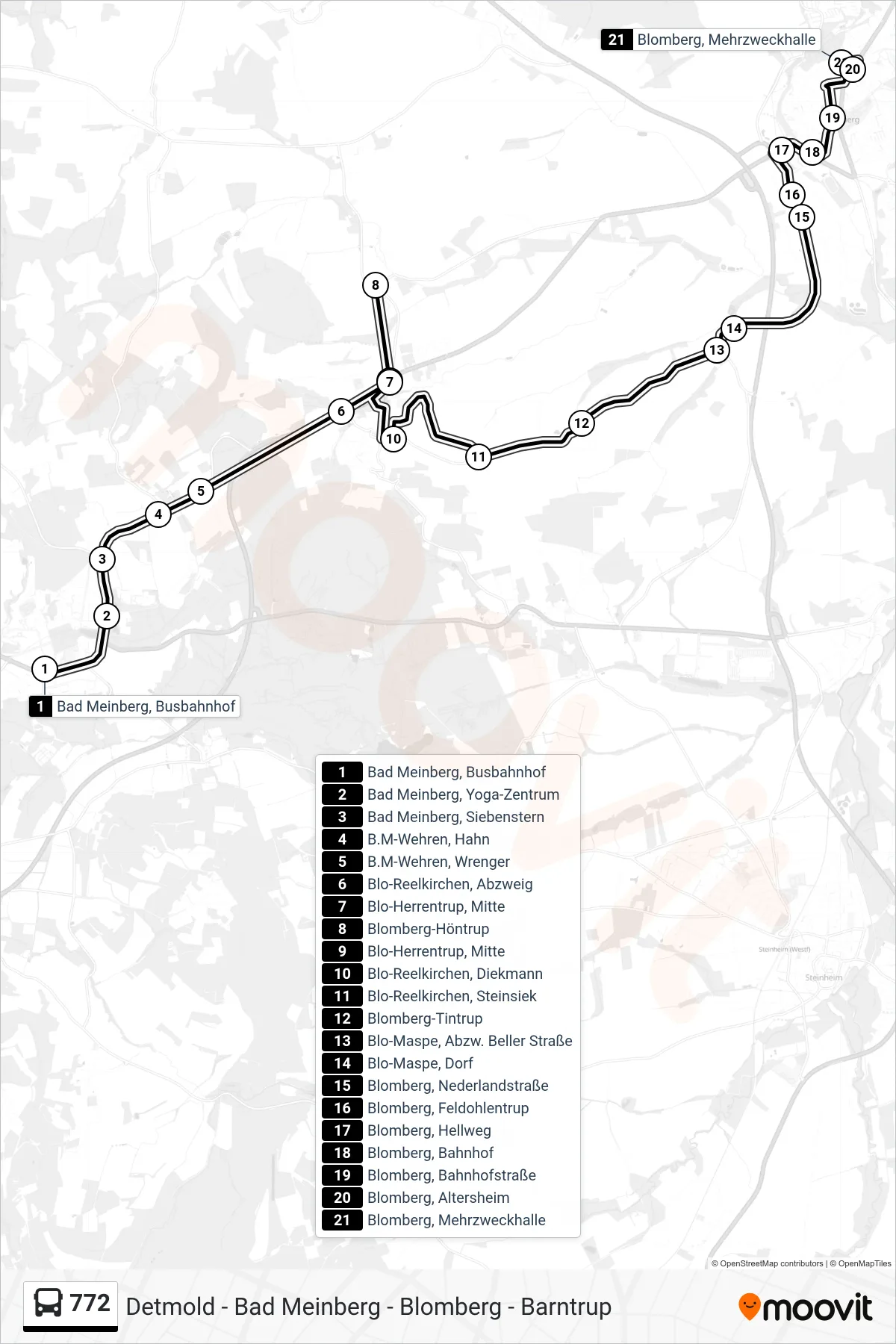 772 bus Line (Blomberg, Mehrzweckhalle) route and stops on a map