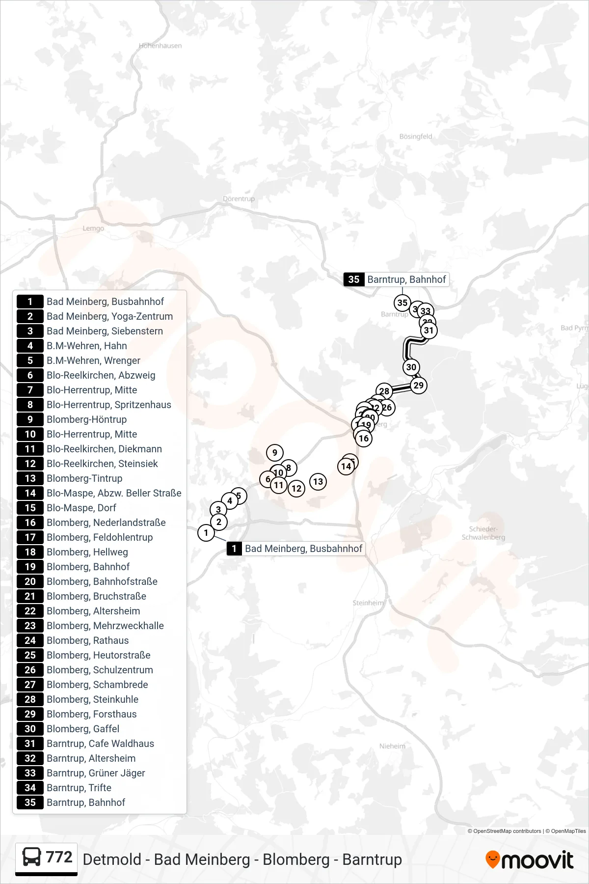 772 bus Line (Barntrup, Bahnhof) route and stops on a map