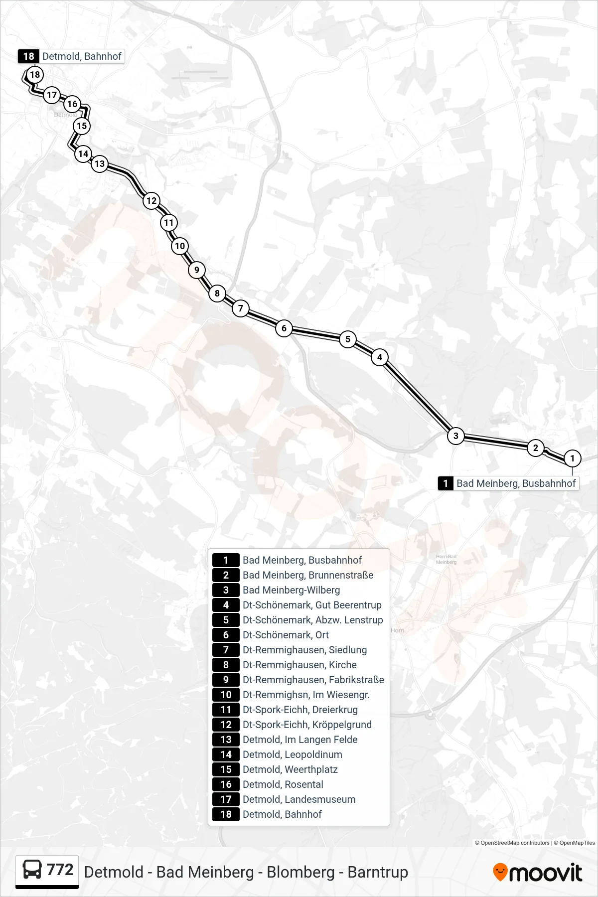 772 bus Line (Detmold, Bahnhof Steig 7) route and stops on a map