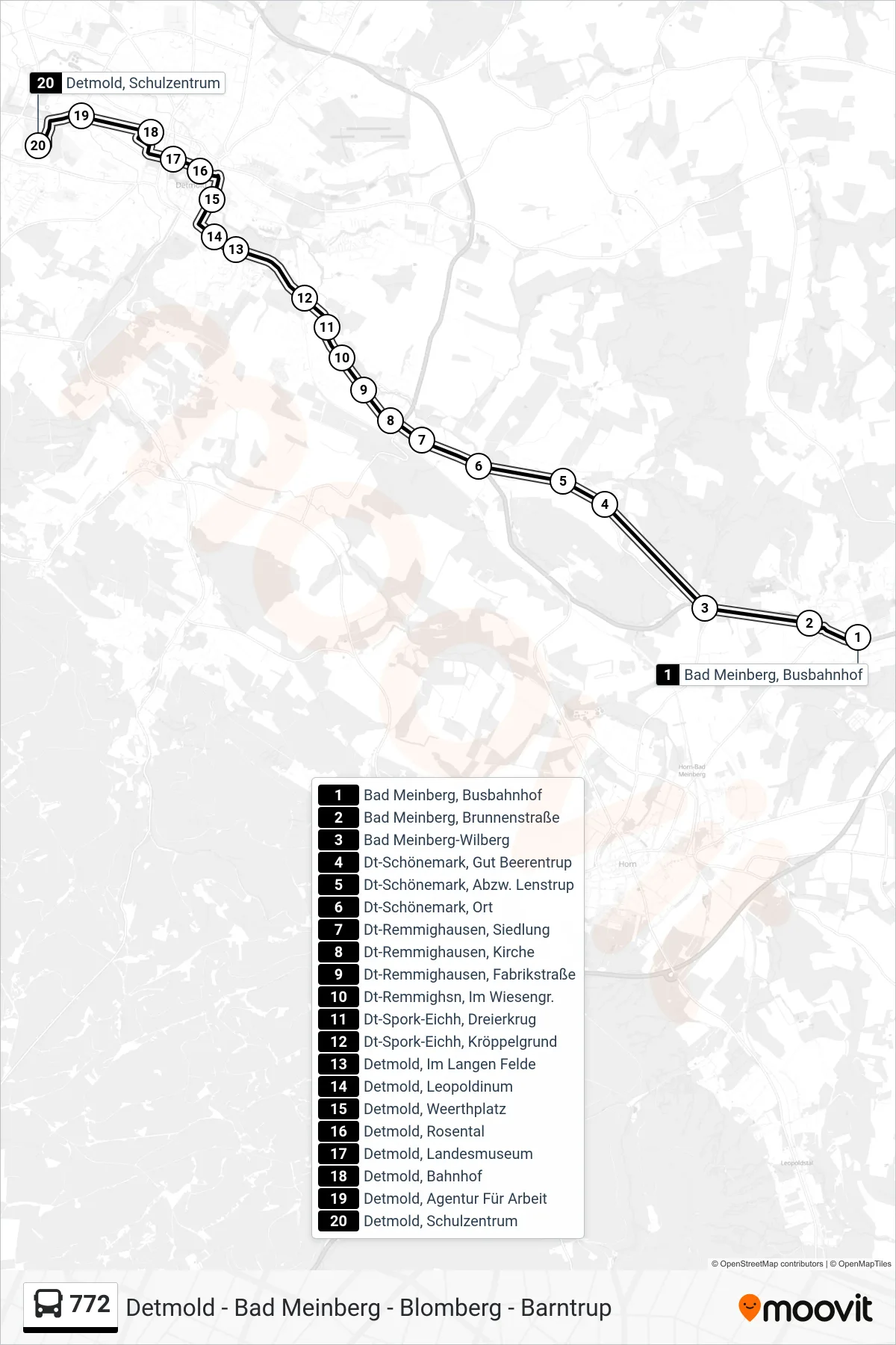 772 bus Line (Detmold, Schulzentrum) route and stops on a map