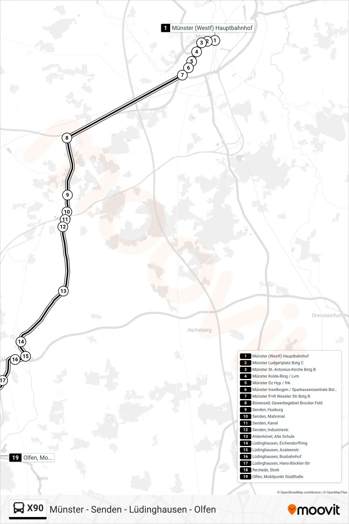 Linie X90 (Bus) Richtung Olfen, Mobilpunkt Stadthalle: Route und Haltestellen auf der Karte