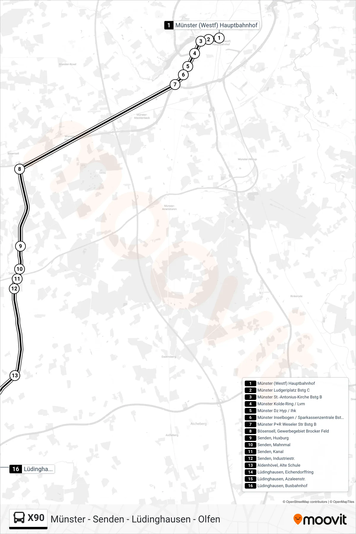 X90 bus Line (Lüdinghausen, Busbahnhof A) route and stops on a map