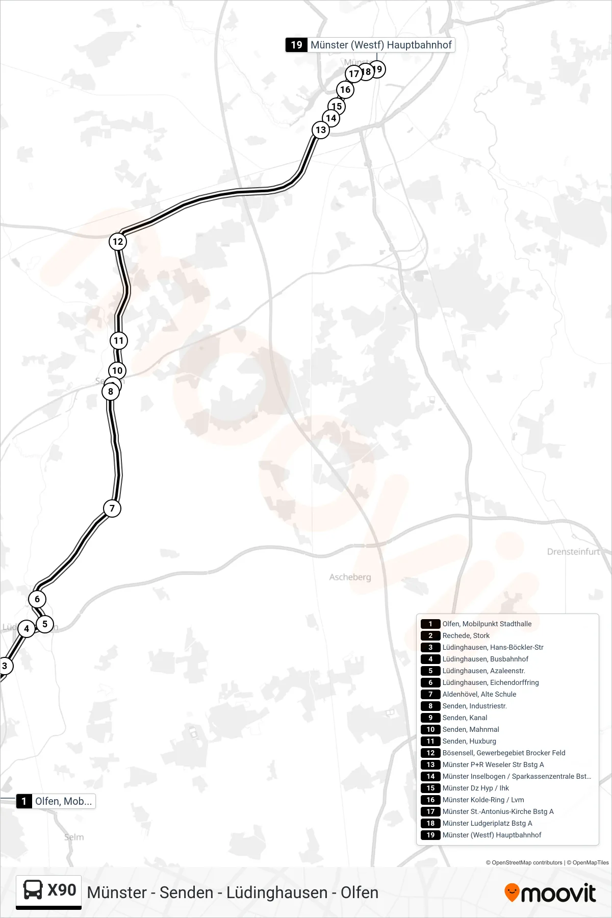 X90 bus Line (Münster (Westf) Hauptbahnhof Bstg A) route and stops on a map