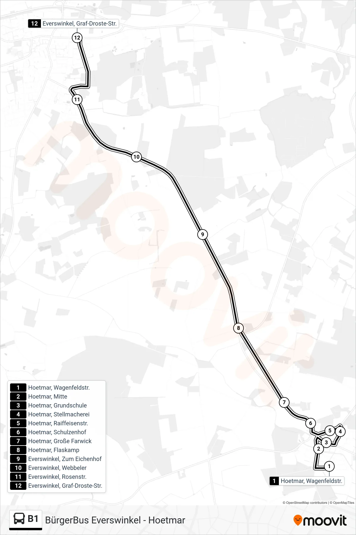 B1 bus Line (Everswinkel, Graf-Droste-Str.) route and stops on a map