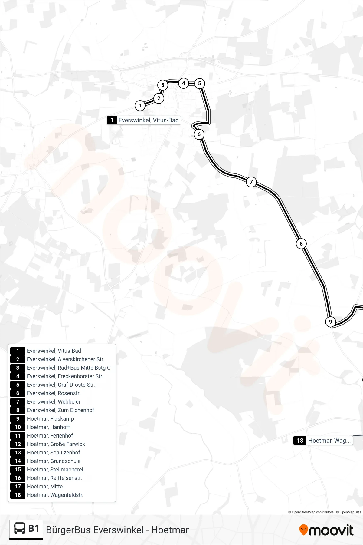 Linie B1 (Bus) Richtung Hoetmar, Wagenfeldstr.: Route und Haltestellen auf der Karte