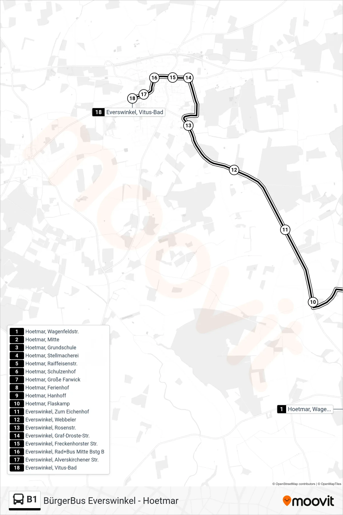 B1 bus Line (Everswinkel, Vitus-Bad) route and stops on a map