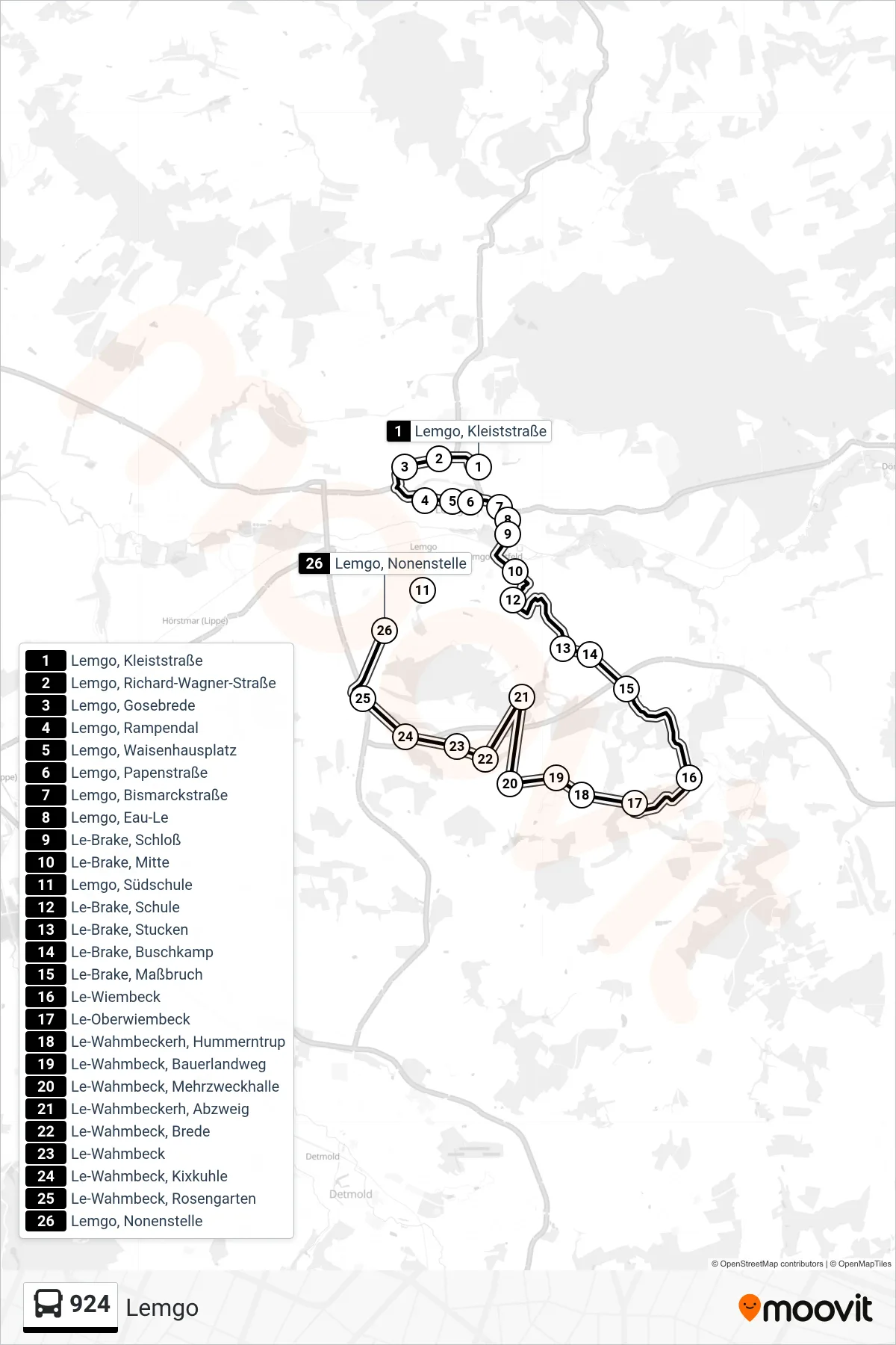 924 bus Line (Lemgo) route and stops on a map