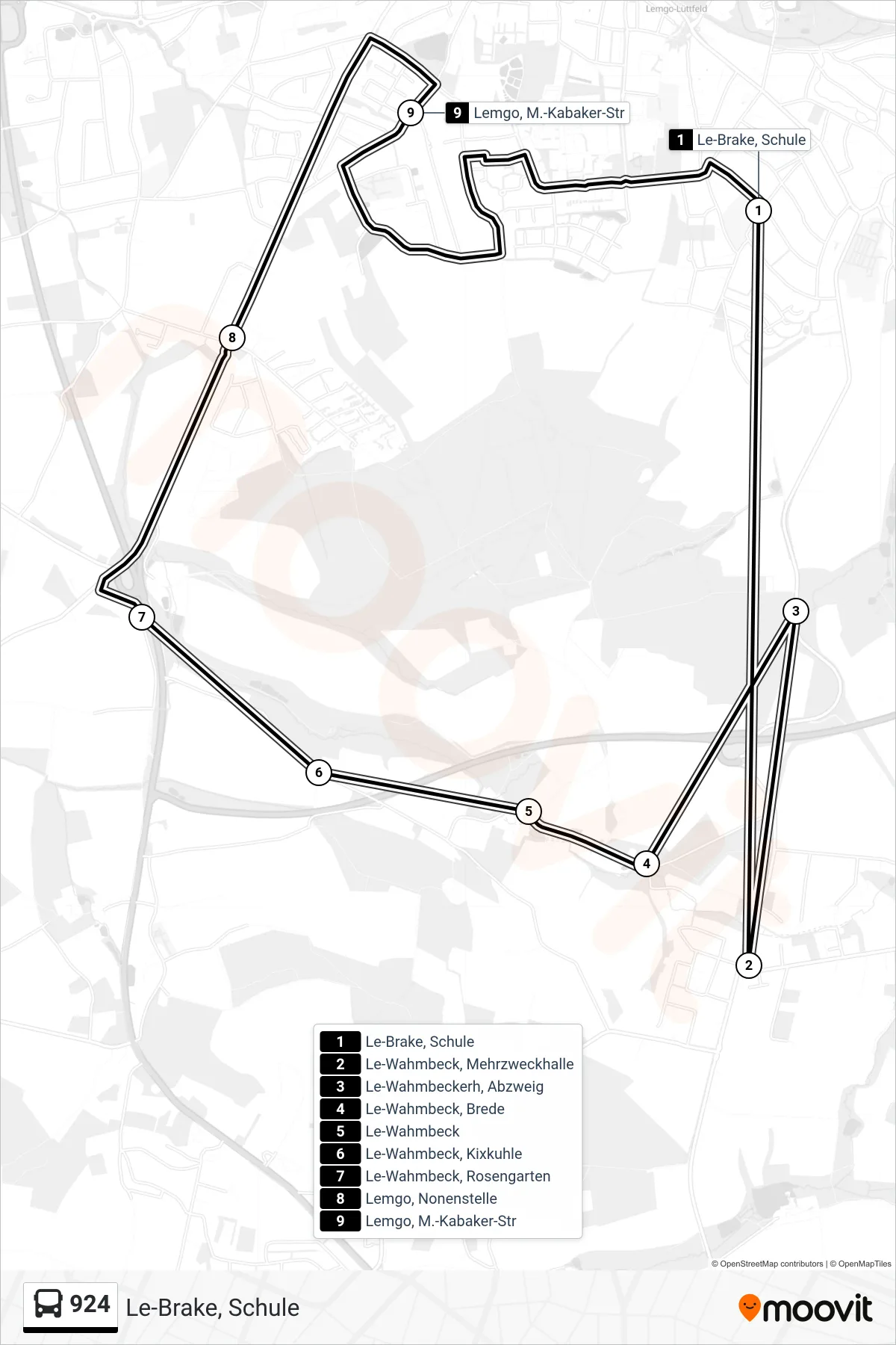 924 bus Line (Le-Brake, Schule) route and stops on a map