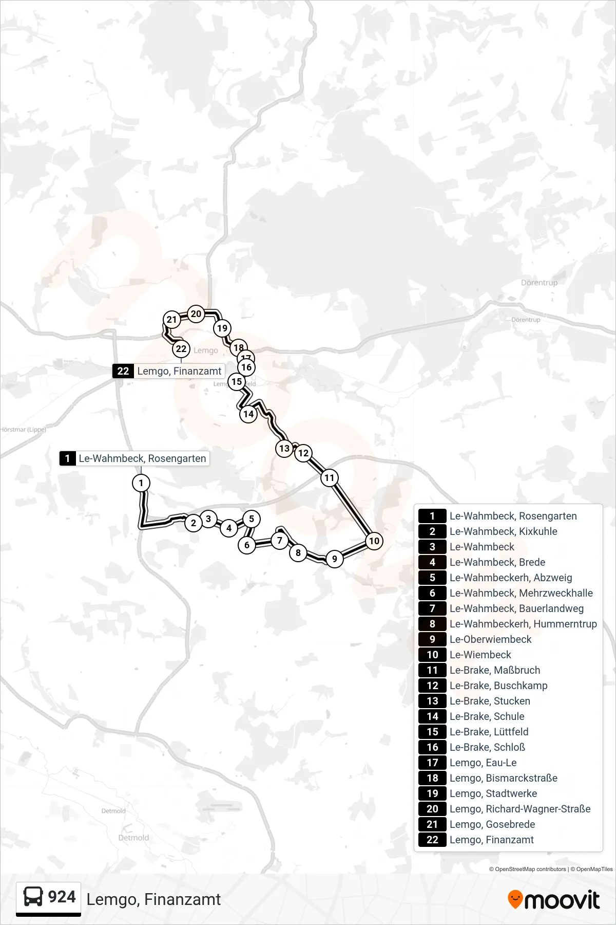 924 bus Line (Lemgo, Finanzamt) route and stops on a map