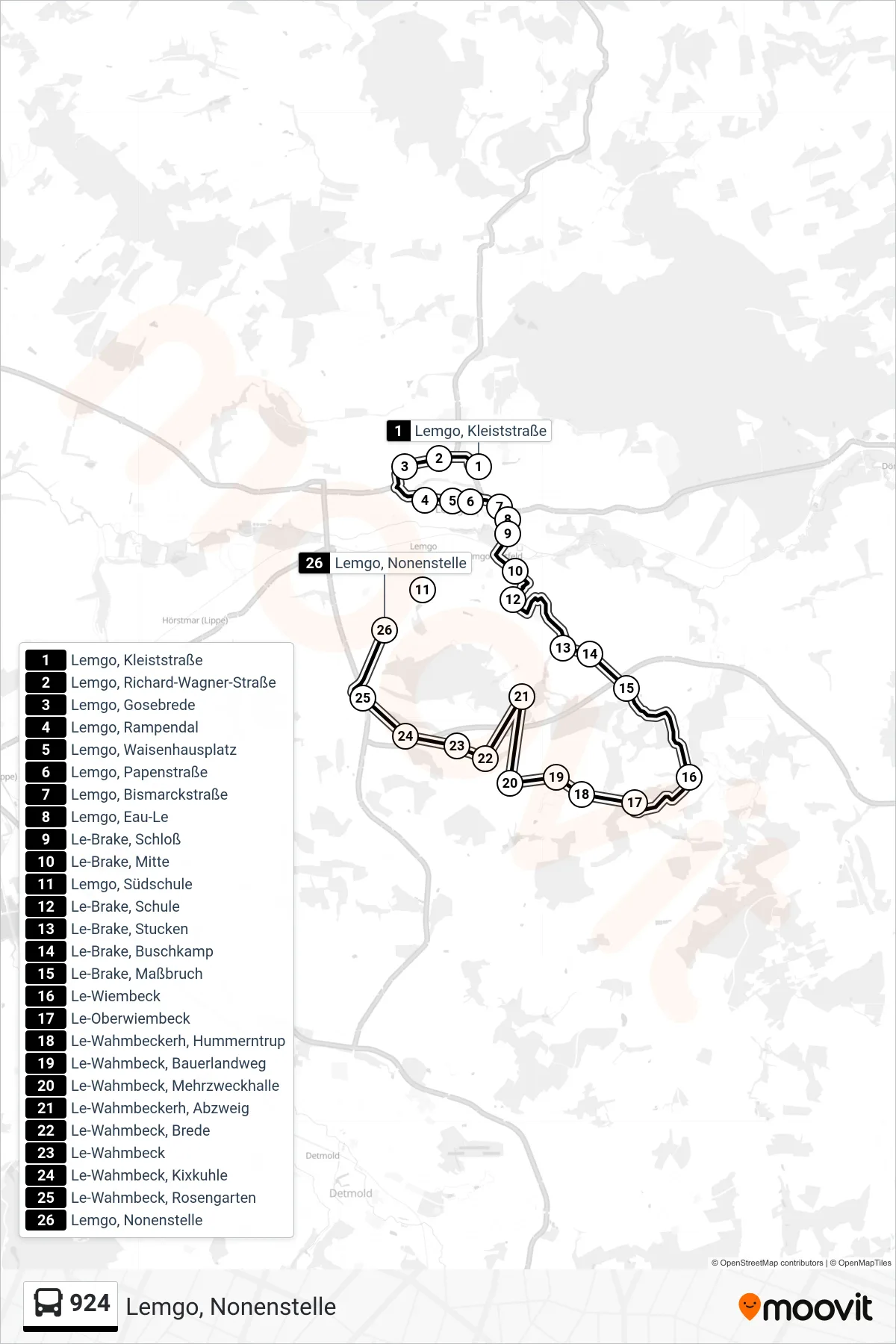 924 bus Line (Lemgo, Nonenstelle) route and stops on a map