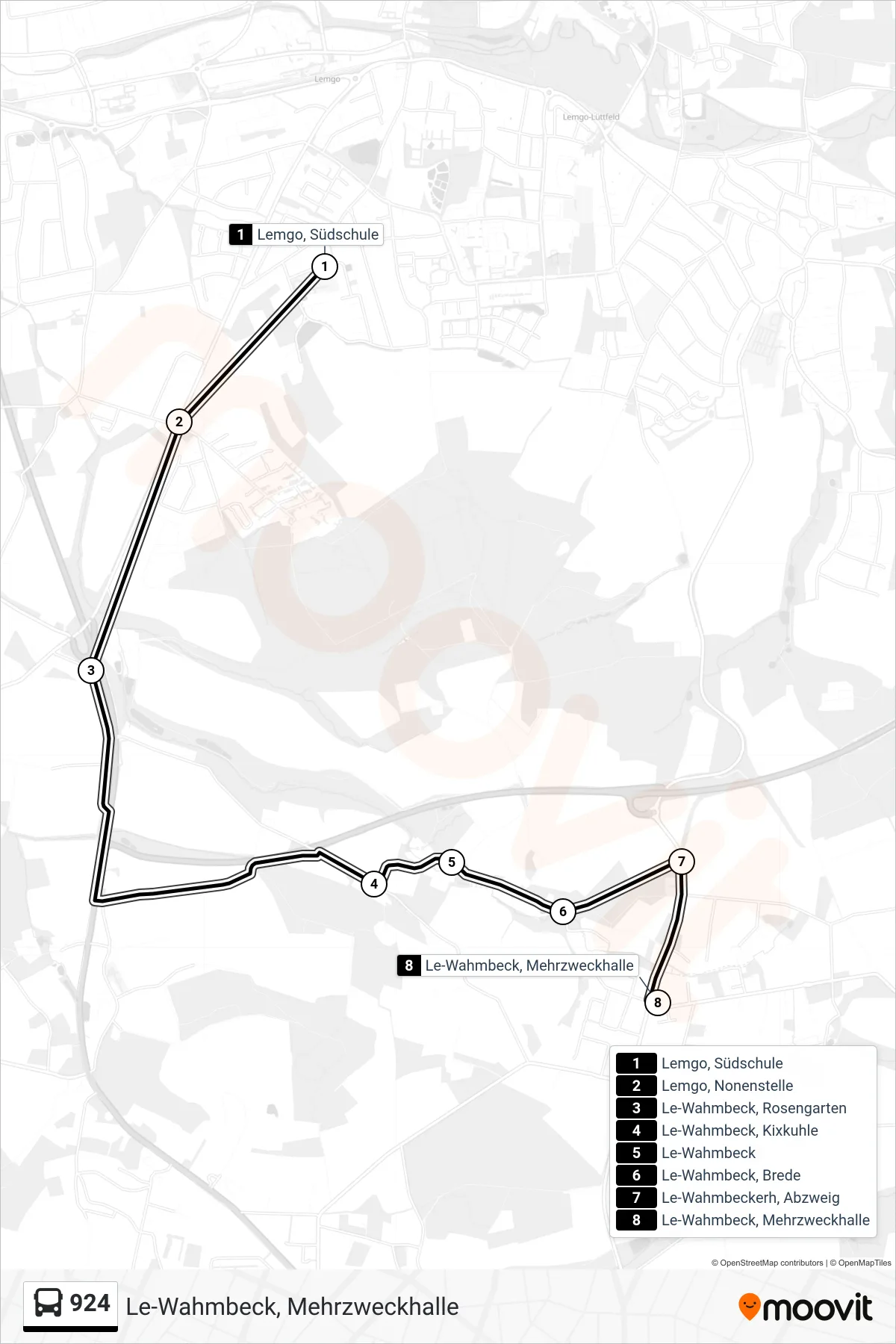 924 bus Line (Le-Wahmbeck, Mehrzweckhalle) route and stops on a map