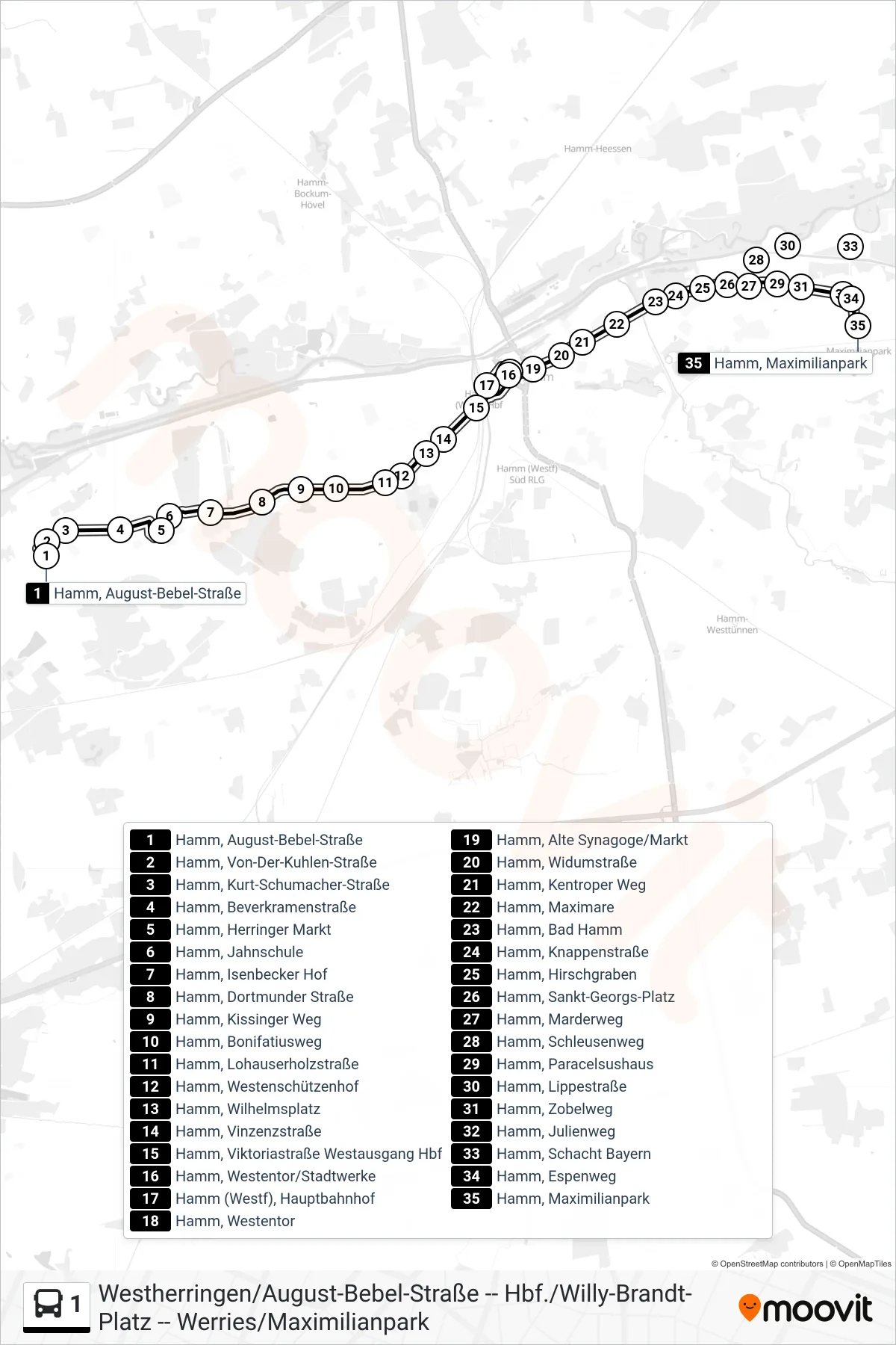 1 bus Line (Hamm, Maximilianpark) route and stops on a map