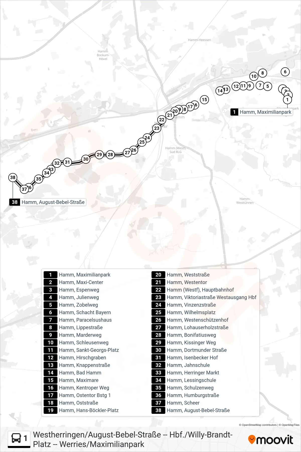 Linie 1 (Bus) Richtung Hamm, August-Bebel-Straße: Route und Haltestellen auf der Karte