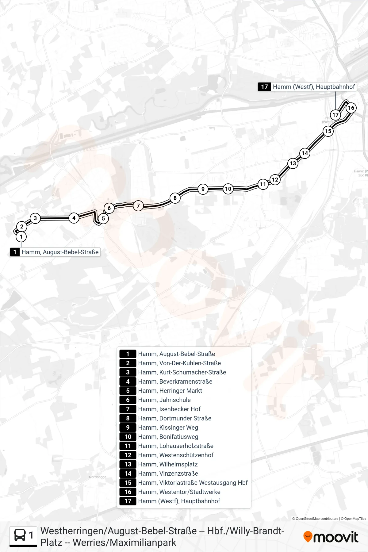 1 bus Line (Hamm (Westf), Hauptbahnhof Bstg 1+2) route and stops on a map