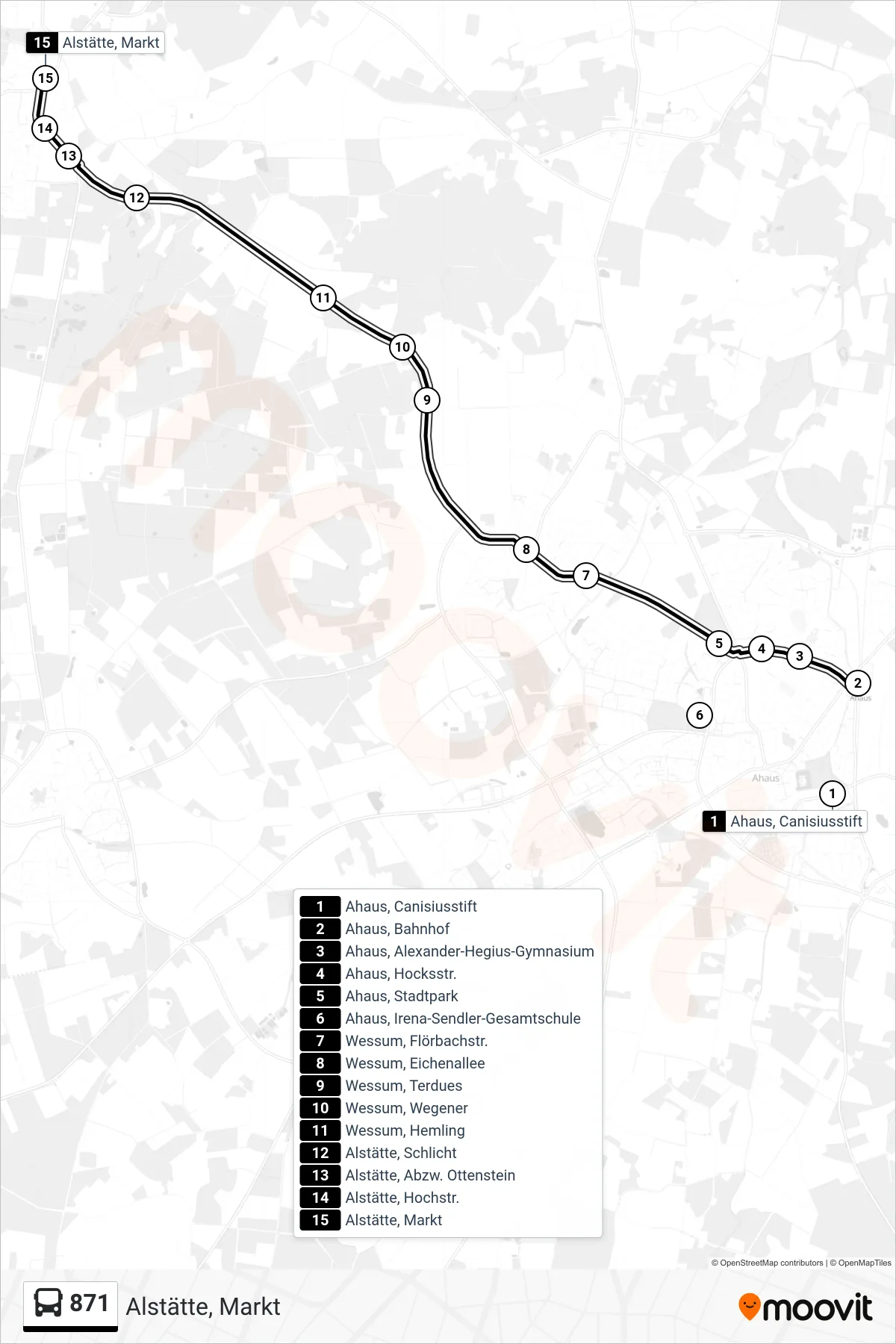871 bus Line (Alstätte, Markt) route and stops on a map