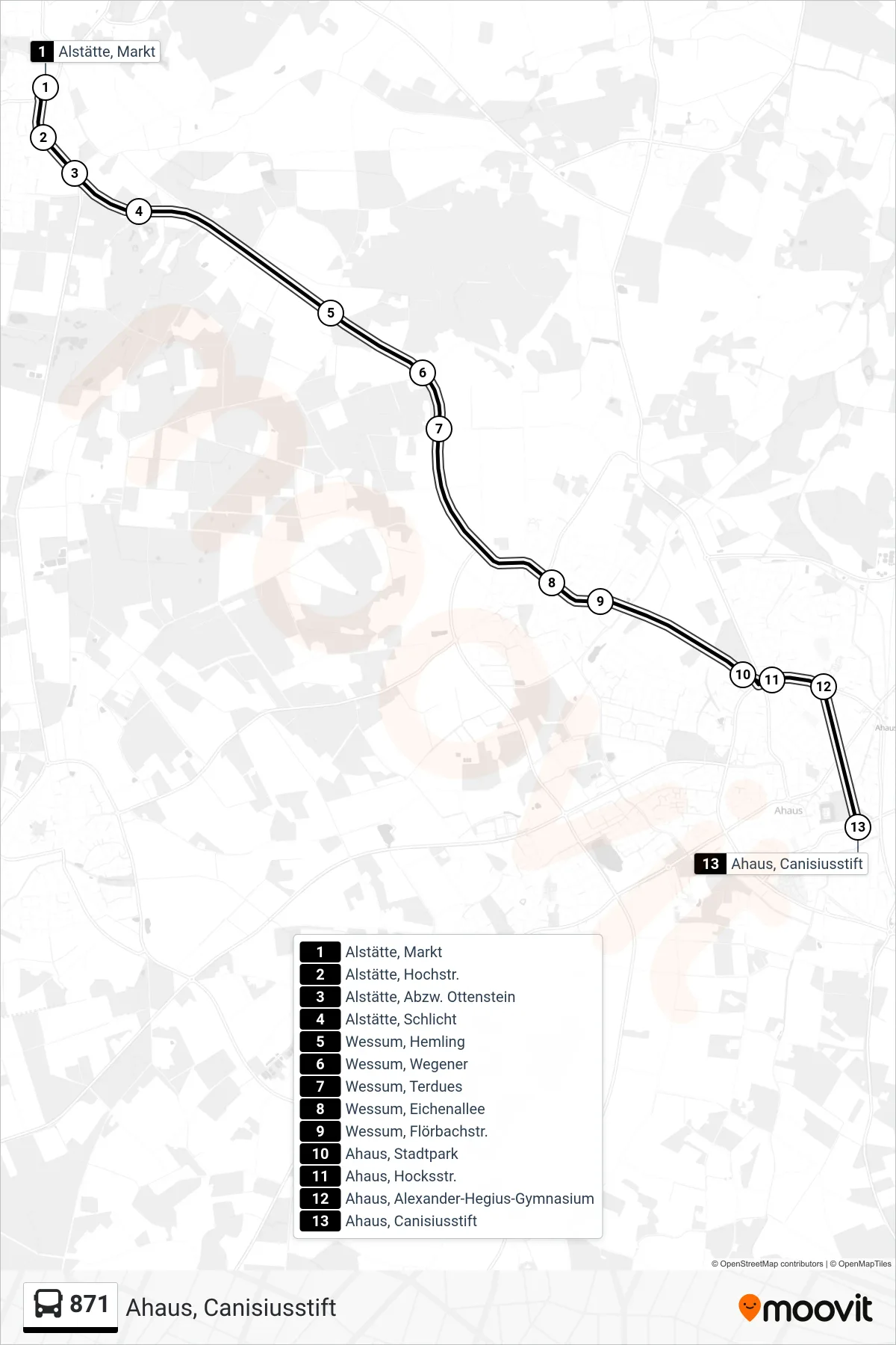 871 bus Line (Ahaus, Canisiusstift) route and stops on a map