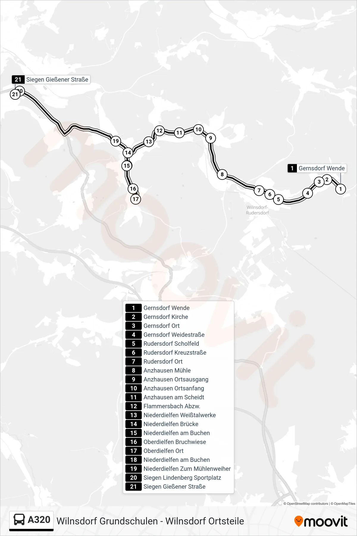 A320 bus Line (Siegen Gießener Straße) route and stops on a map
