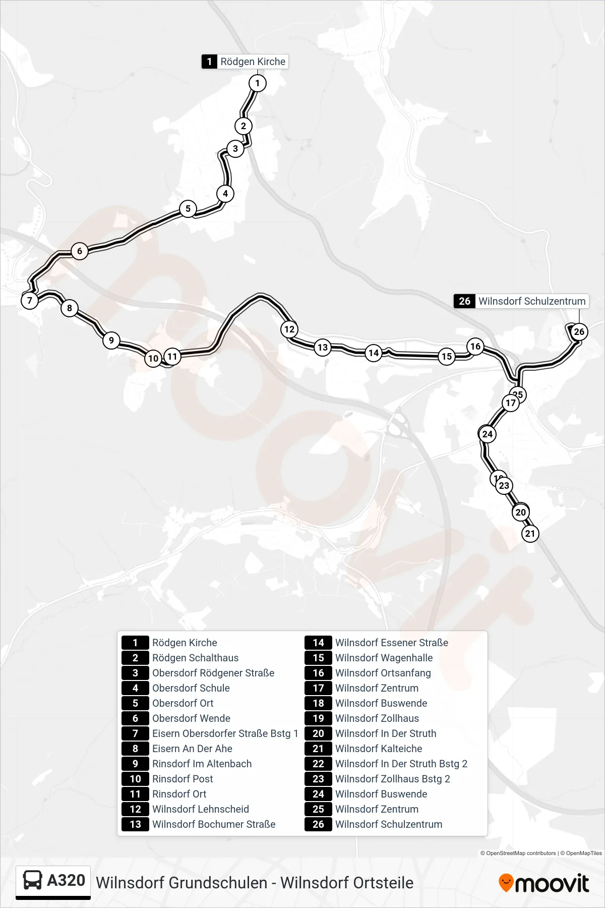 A320 bus Line (Wilnsdorf Schulzentrum) route and stops on a map