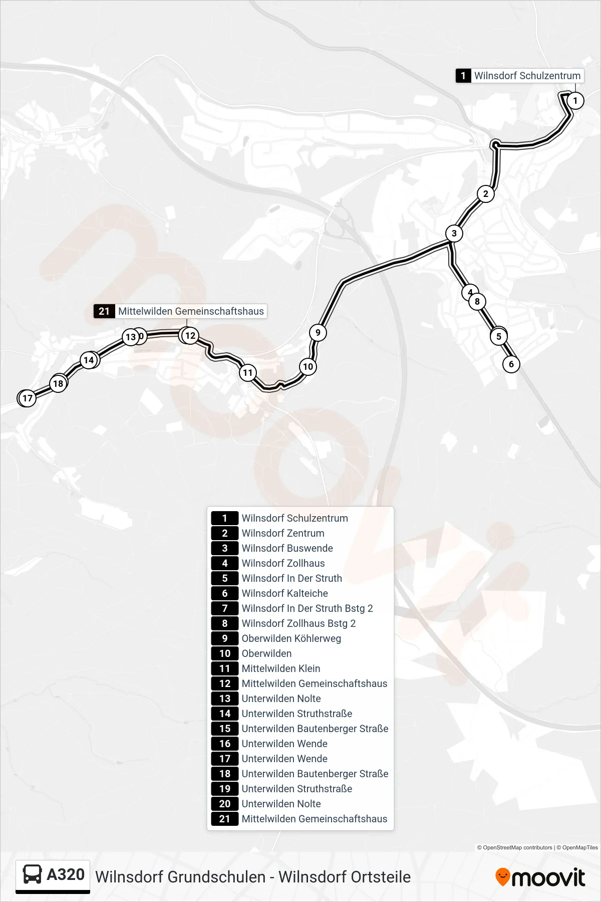 Linie A320 (Bus) Richtung Mittelwilden Gemeinschaftshaus: Route und Haltestellen auf der Karte