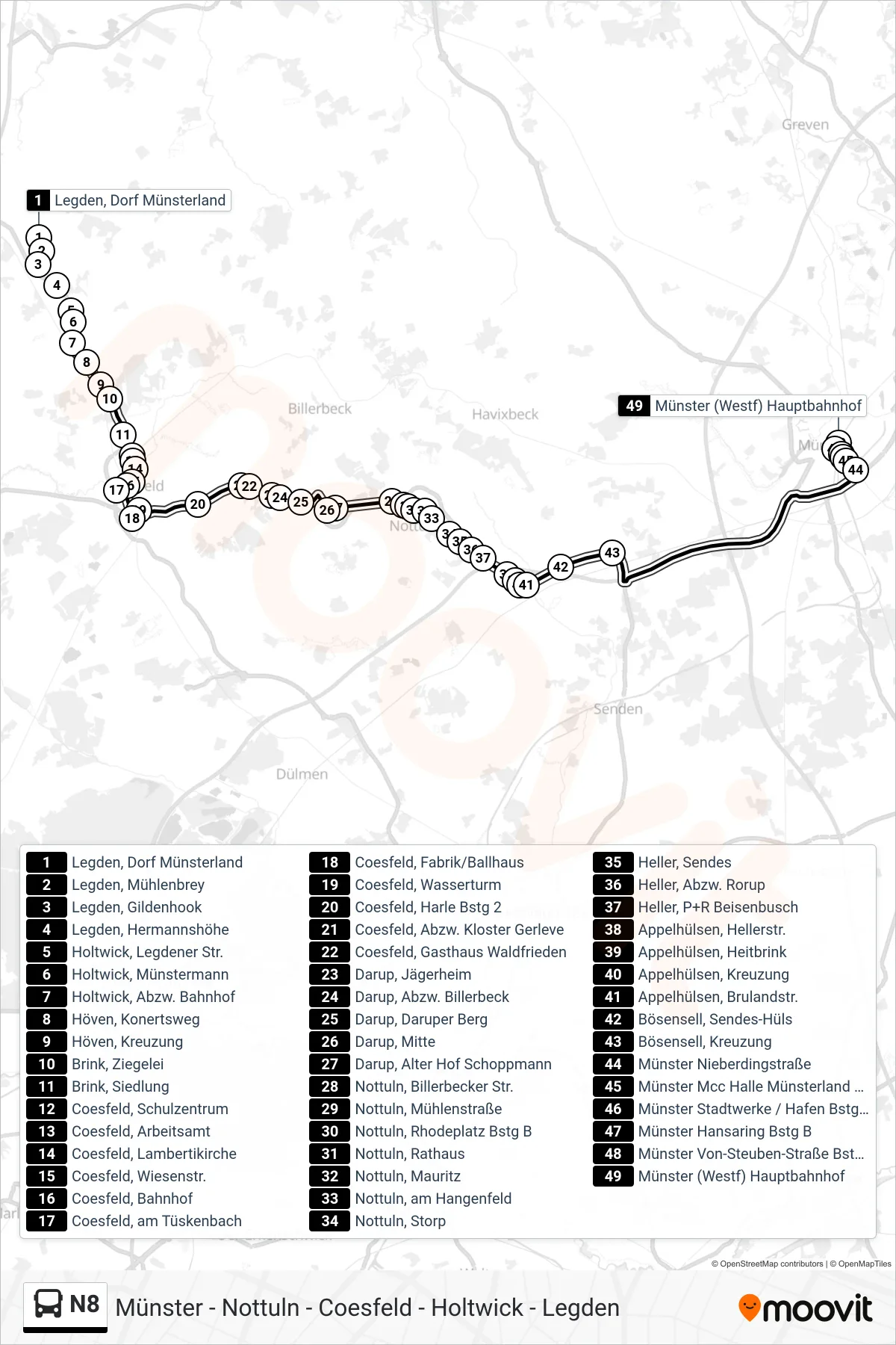 N8 bus Line (Münster (Westf)  Hauptbahnhof Bstg B1) route and stops on a map