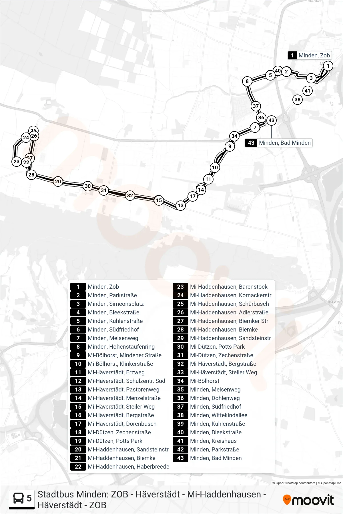 5 bus Line (Minden, Zob) route and stops on a map