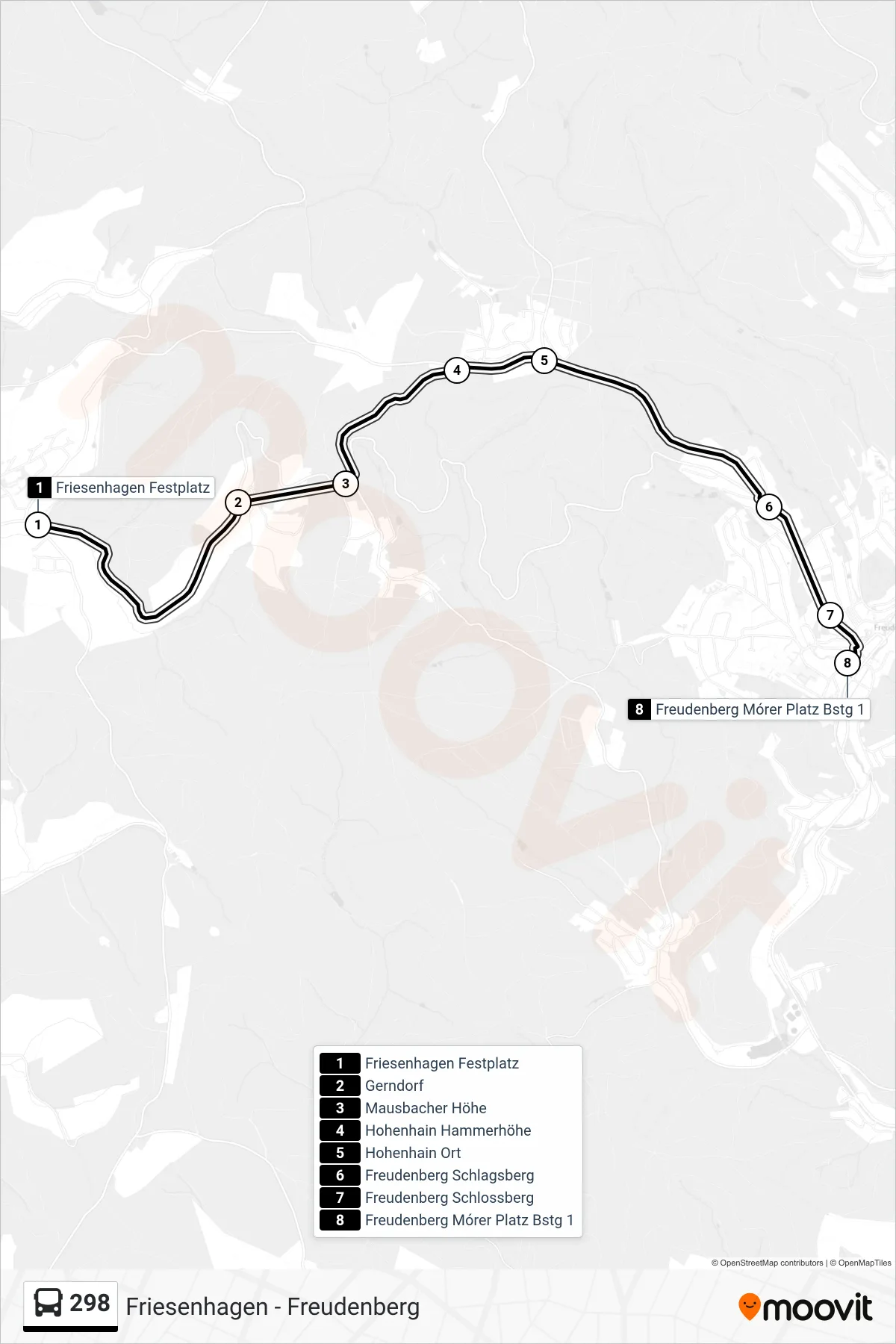 Linie 298 (Bus) Richtung Freudenberg Mórer Platz Bstg 1: Route und Haltestellen auf der Karte