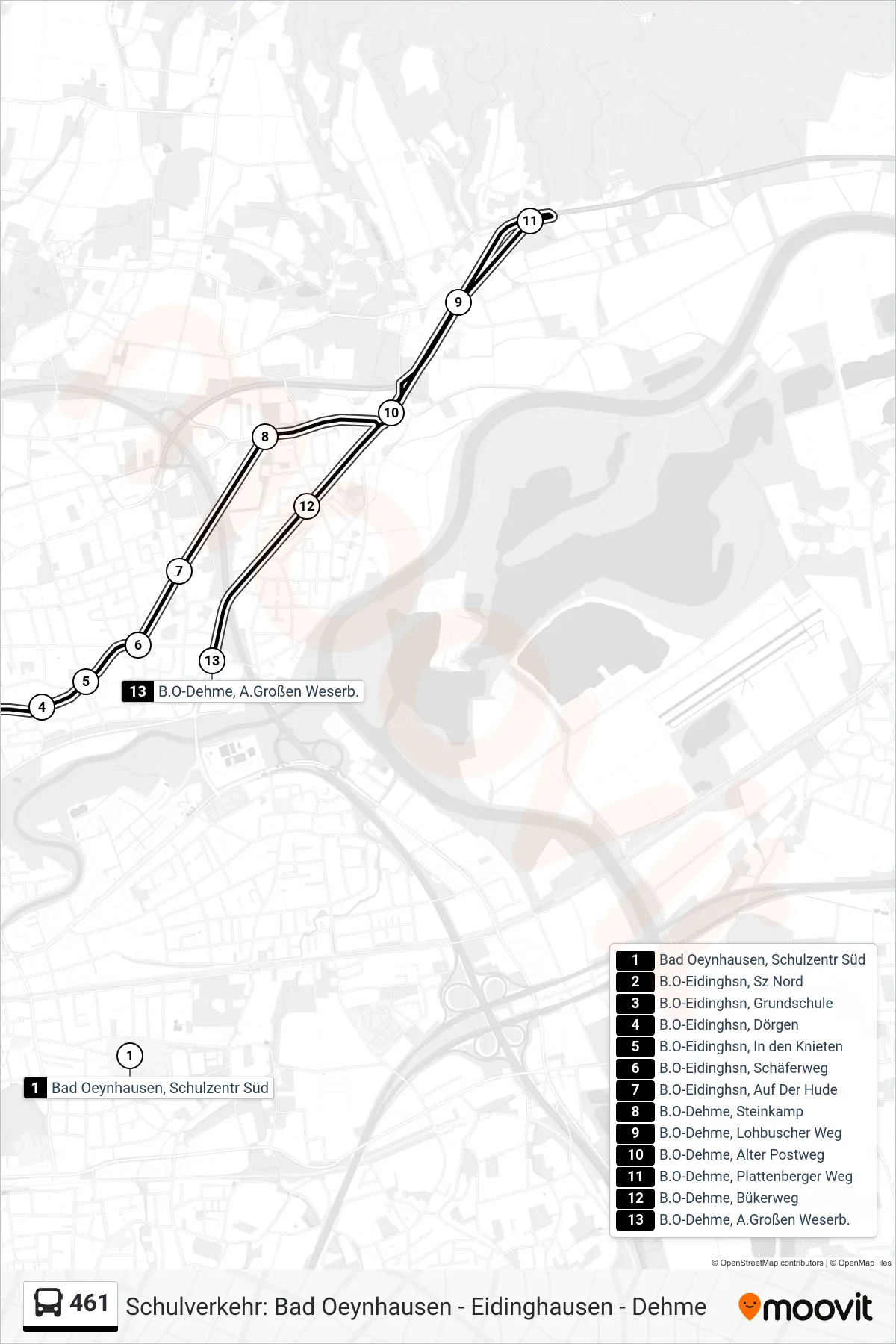 Linie 461 (Bus) Richtung B.O-Dehme, A.Großen Weserb.: Route und Haltestellen auf der Karte