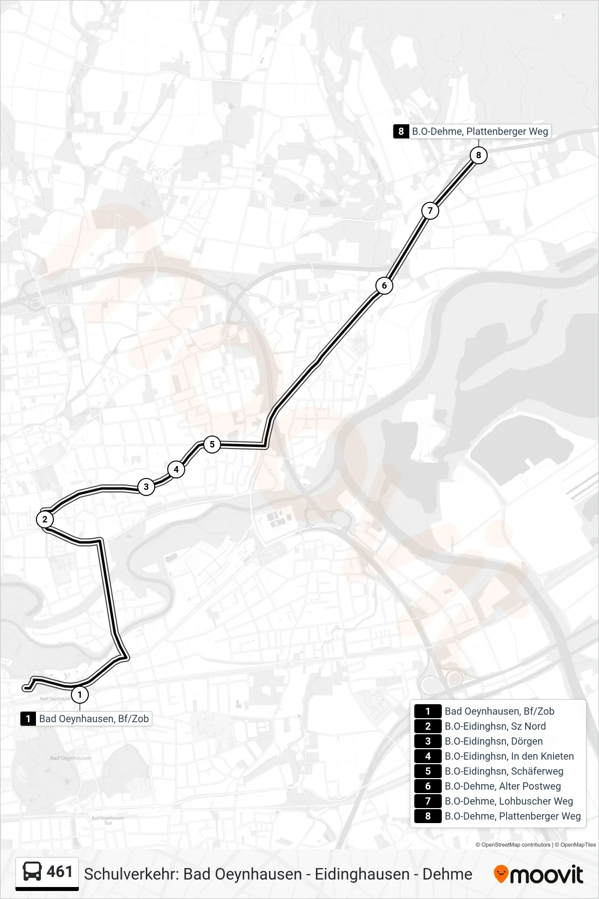 461 bus Line (B.O-Dehme, Plattenberger Weg) route and stops on a map